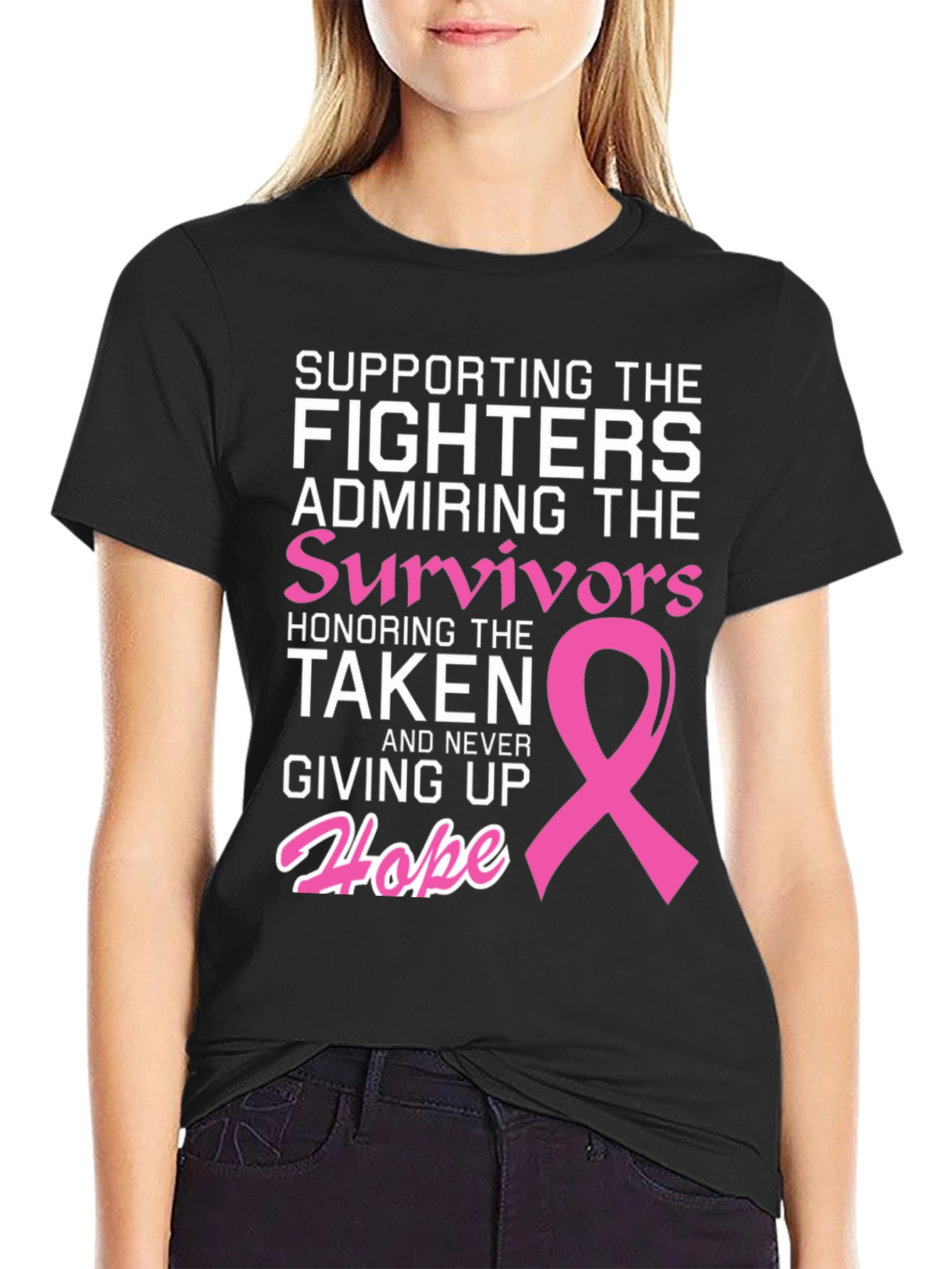 Black Breast Cancer Awareness T-Shirt: Fighters, Survivors, Hope view 2