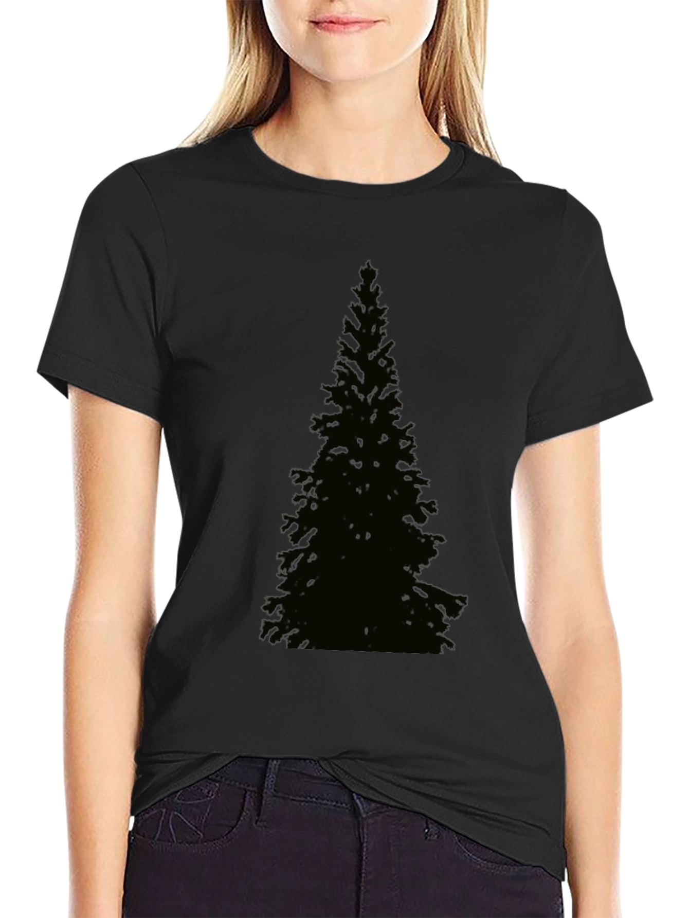 Black Evergreen Tree Graphic Tee - Black Cotton T-Shirt view 2