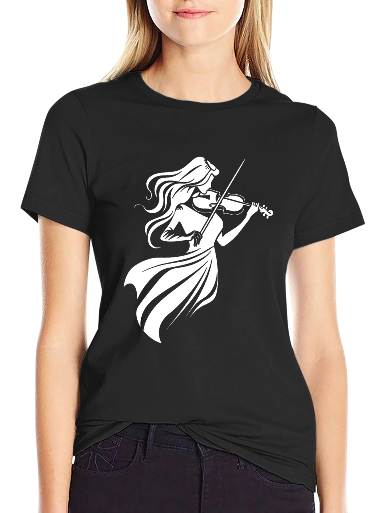 Black Violinist Graphic Tee - Black Cotton T-Shirt view 2