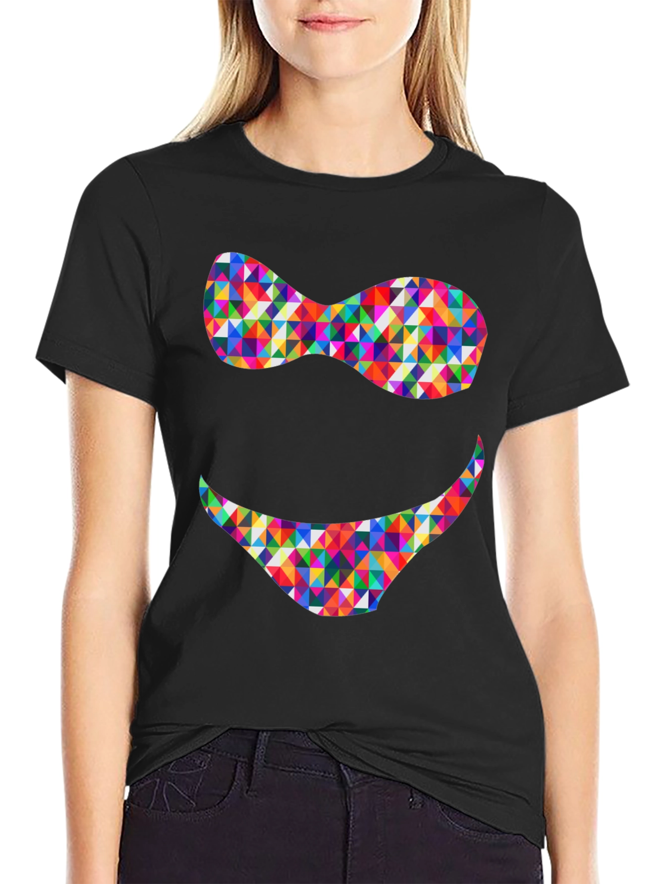 Black Colorful Triangle Smile Graphic Tee - Soft Cotton Blend view 2