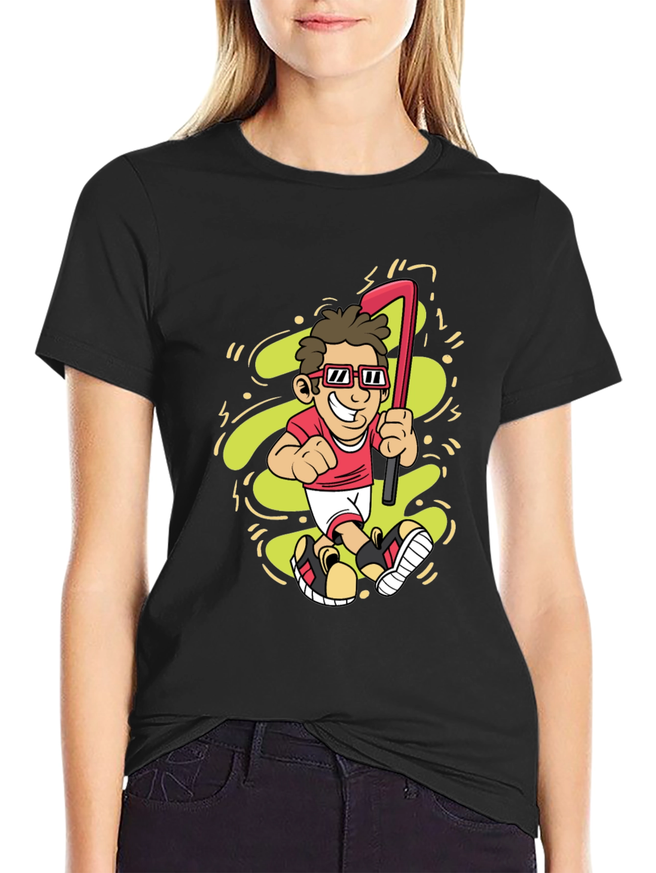 Black Cartoon Golfer Graphic Tee - Black Casual T-Shirt view 2