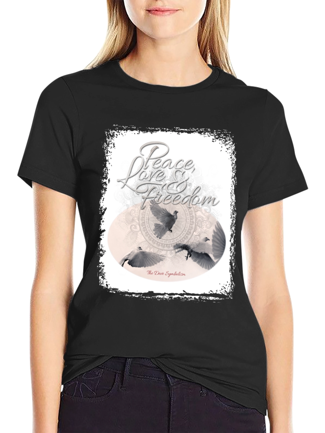 Black Peace Love Freedom Dove Graphic T-Shirt view 2