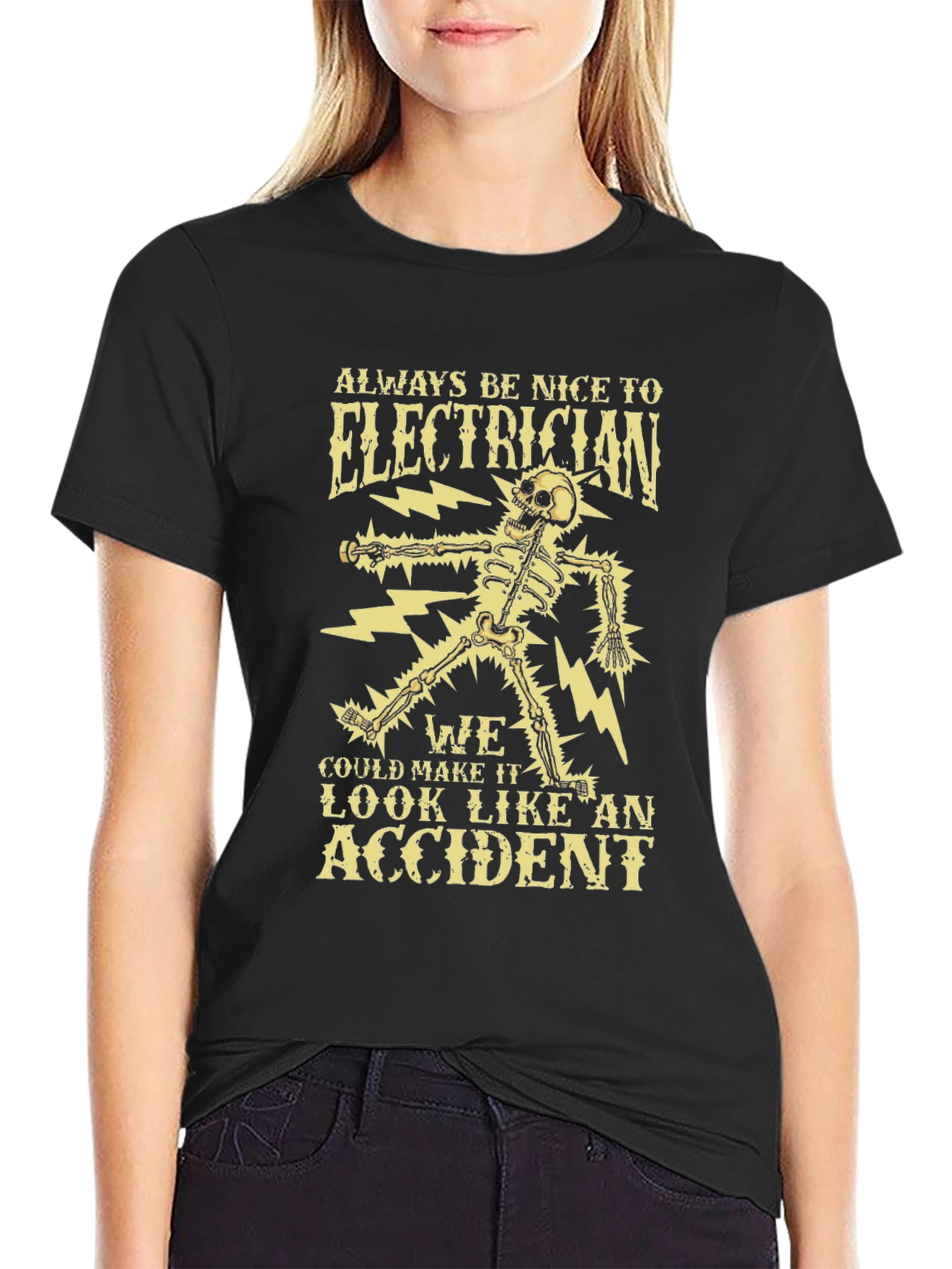 Black Electrician Skeleton Humor Graphic Tee view 2