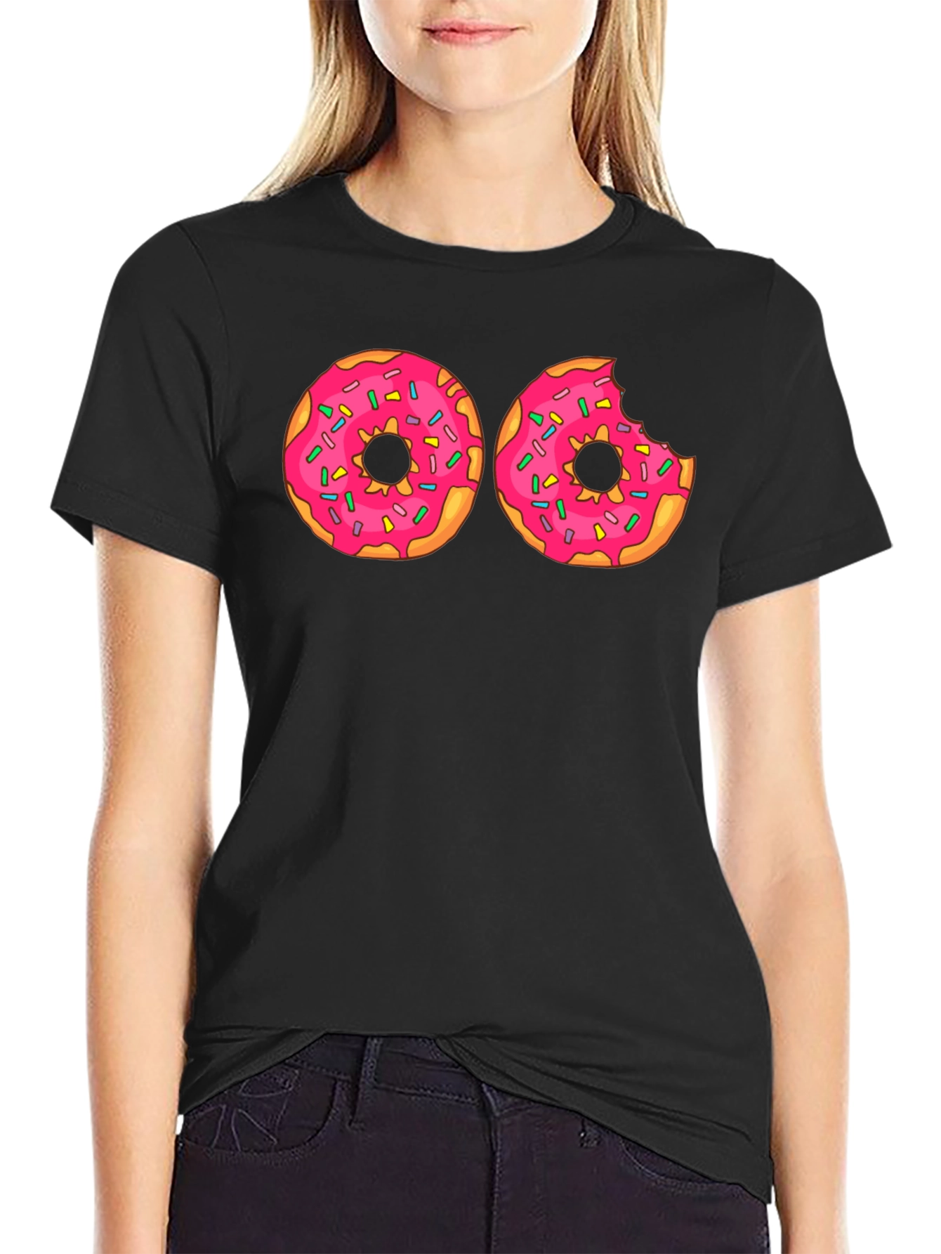 Black Donut Graphic T-Shirt - Pink Frosted Donuts Tee view 2