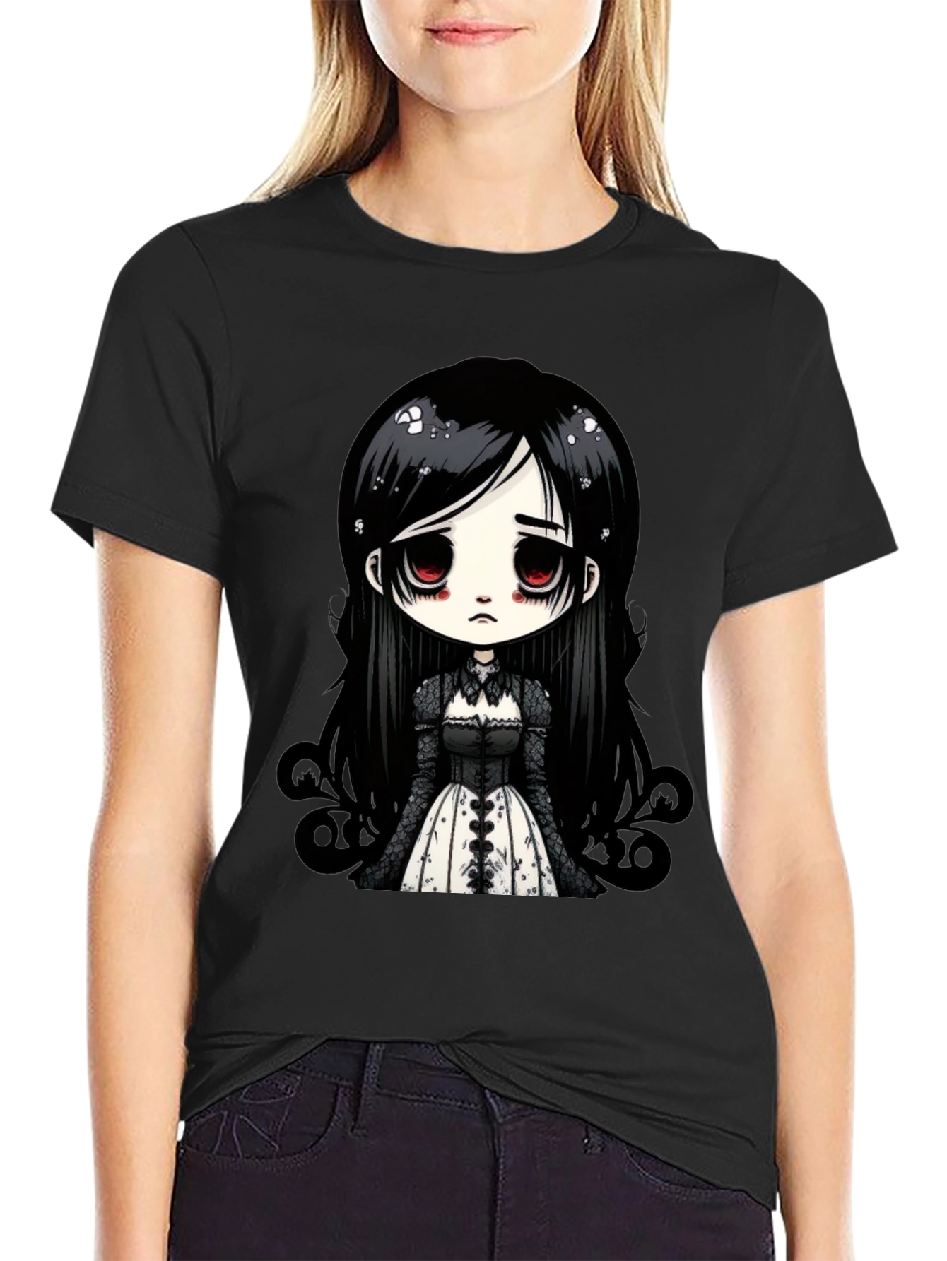Black Gothic Doll T-Shirt - Emo Anime Style Black Tee view 2
