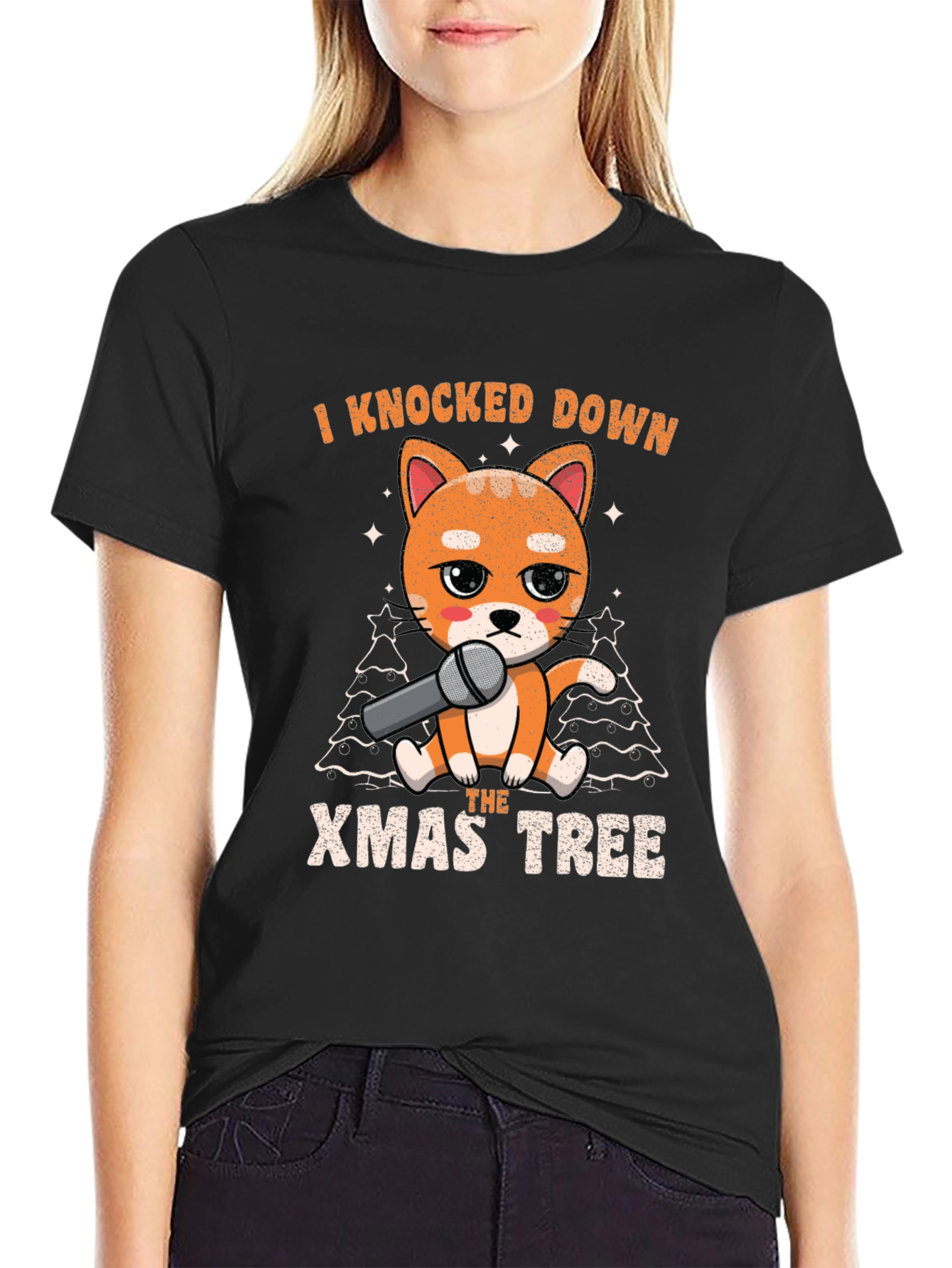 Black Funny Christmas Cat Knocked Down Xmas Tree T-Shirt view 2