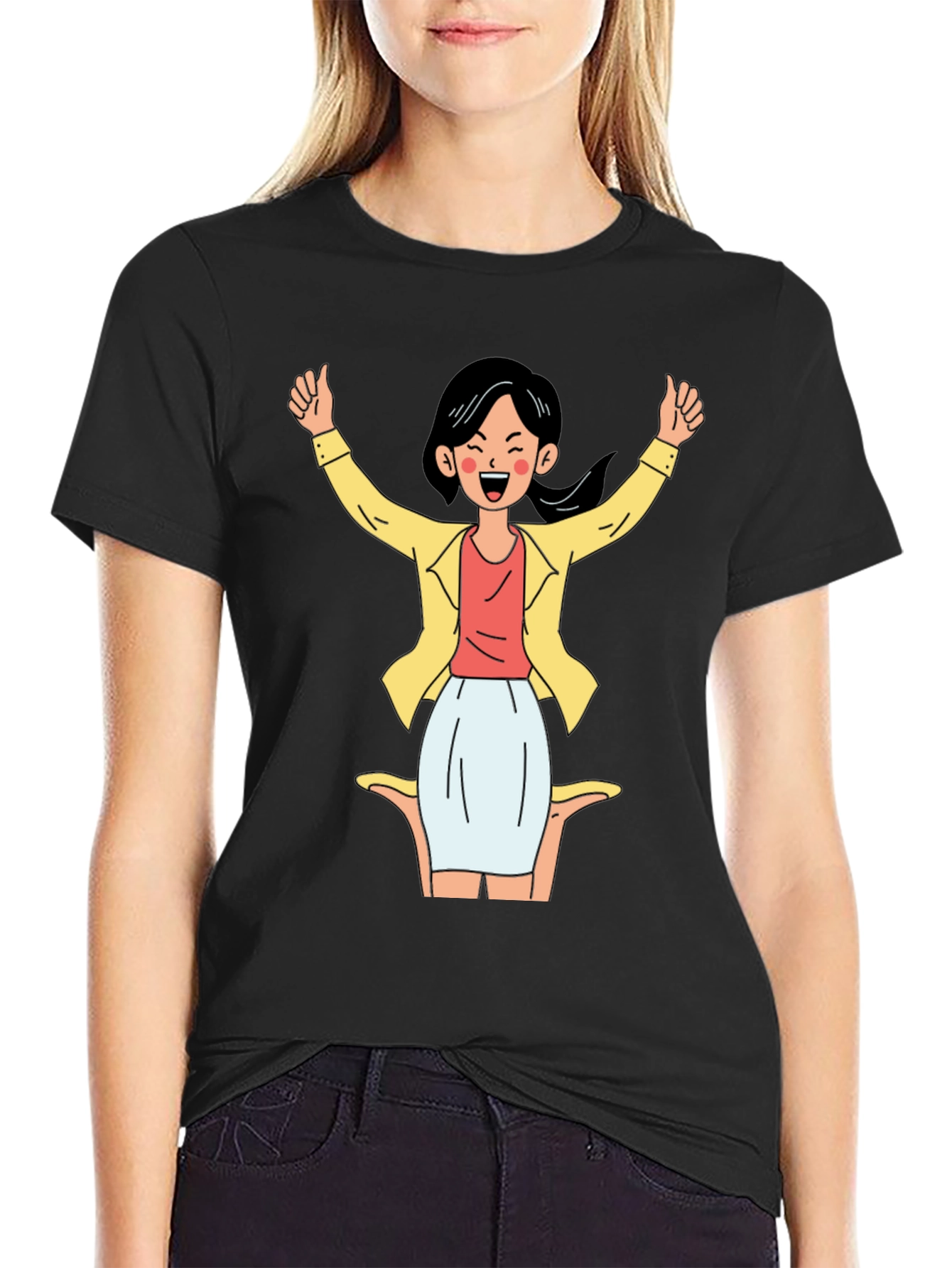 Black Black T-Shirt with Cartoon Woman Graphic view 2