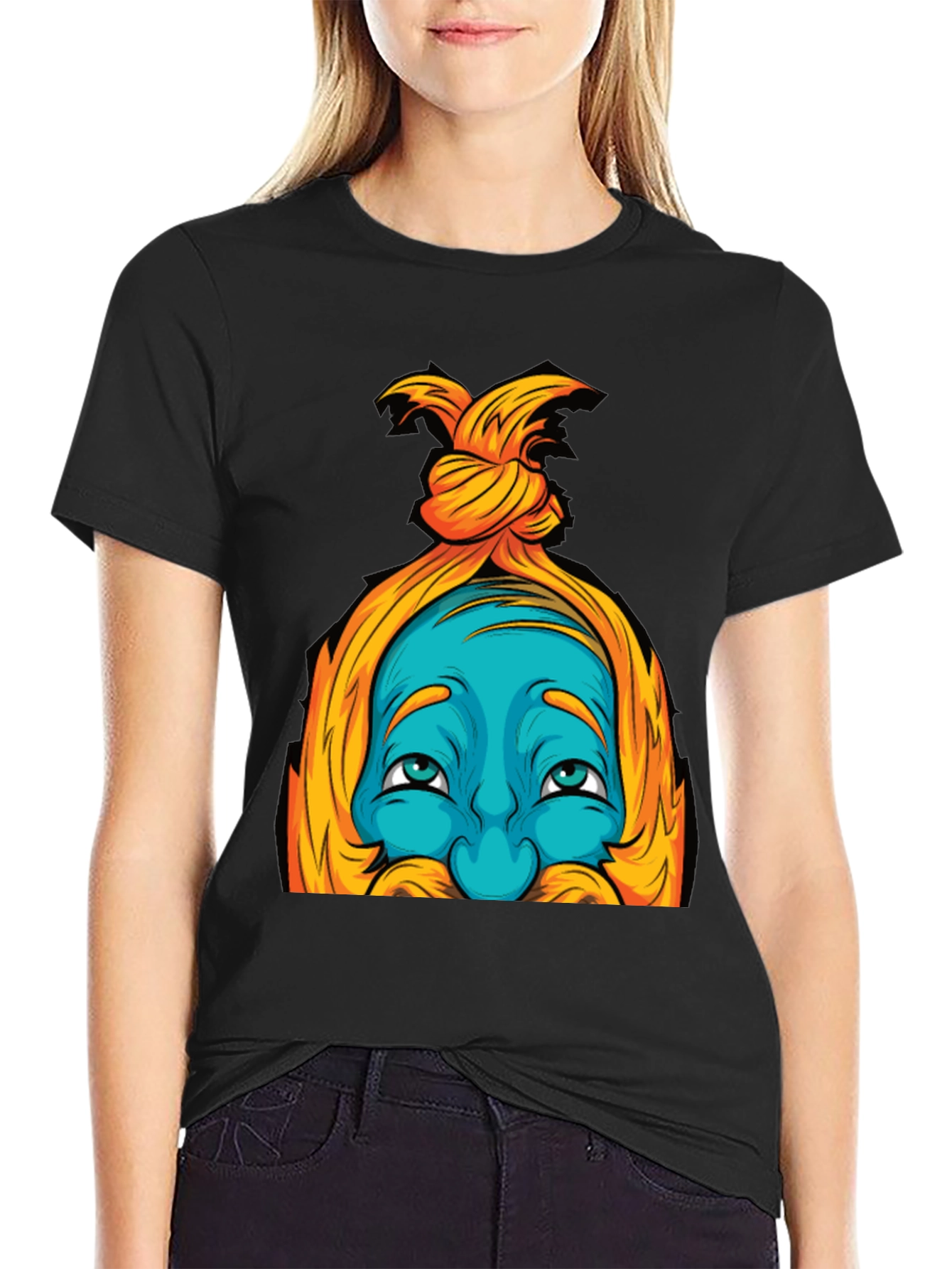 Black Blue Cartoon Face Graphic T-Shirt view 2
