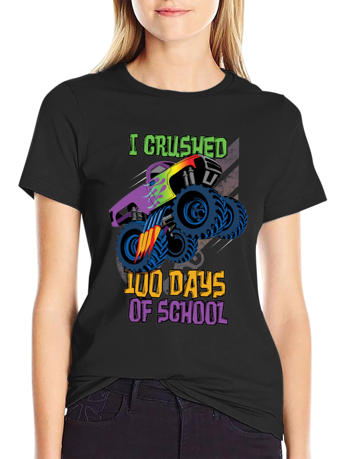 Black Crushed 100 Days of School Monster Truck T-Shirt view 2