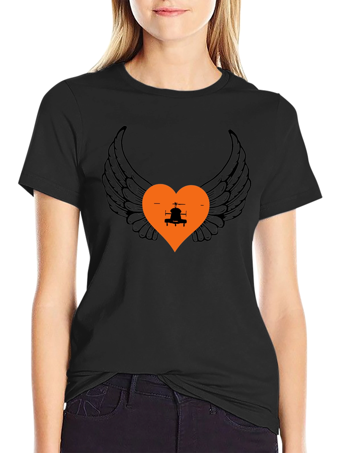 Black Wings and Heart Helicopter Graphic Tee view 2