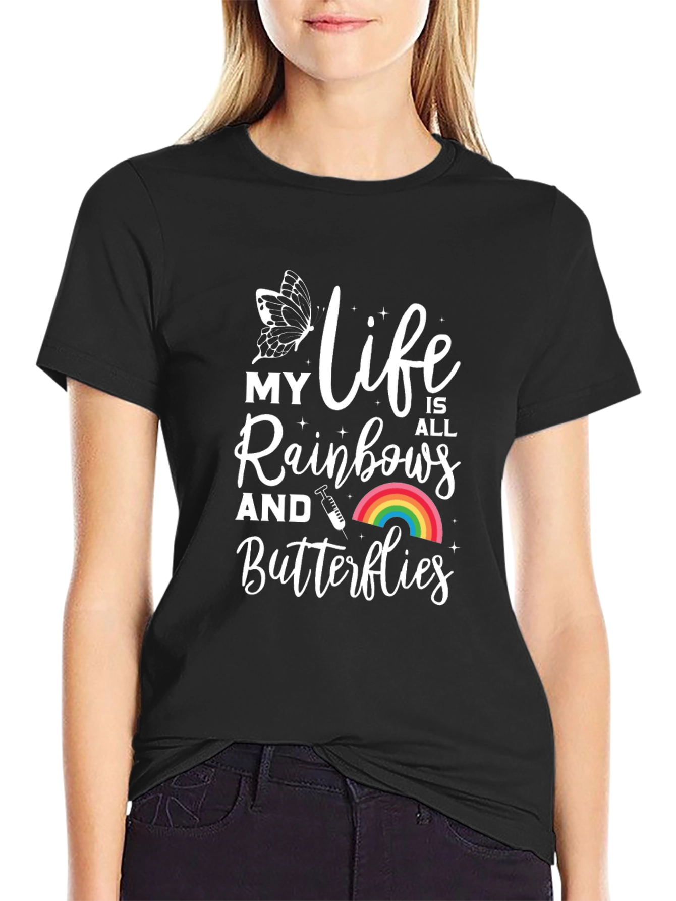 Black My Life Is All Rainbows and Butterflies T-Shirt view 2