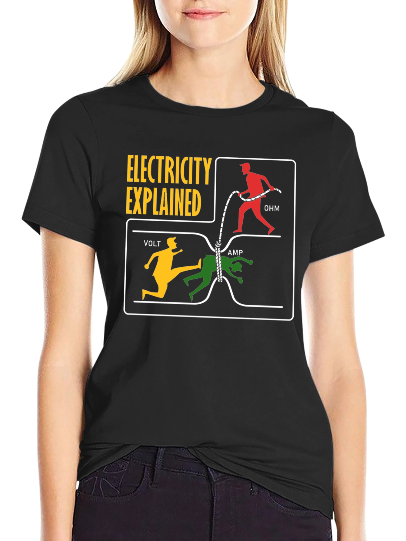 Black Electricity Explained T-Shirt: Volt, Amp, Ohm Funny Science Tee view 2