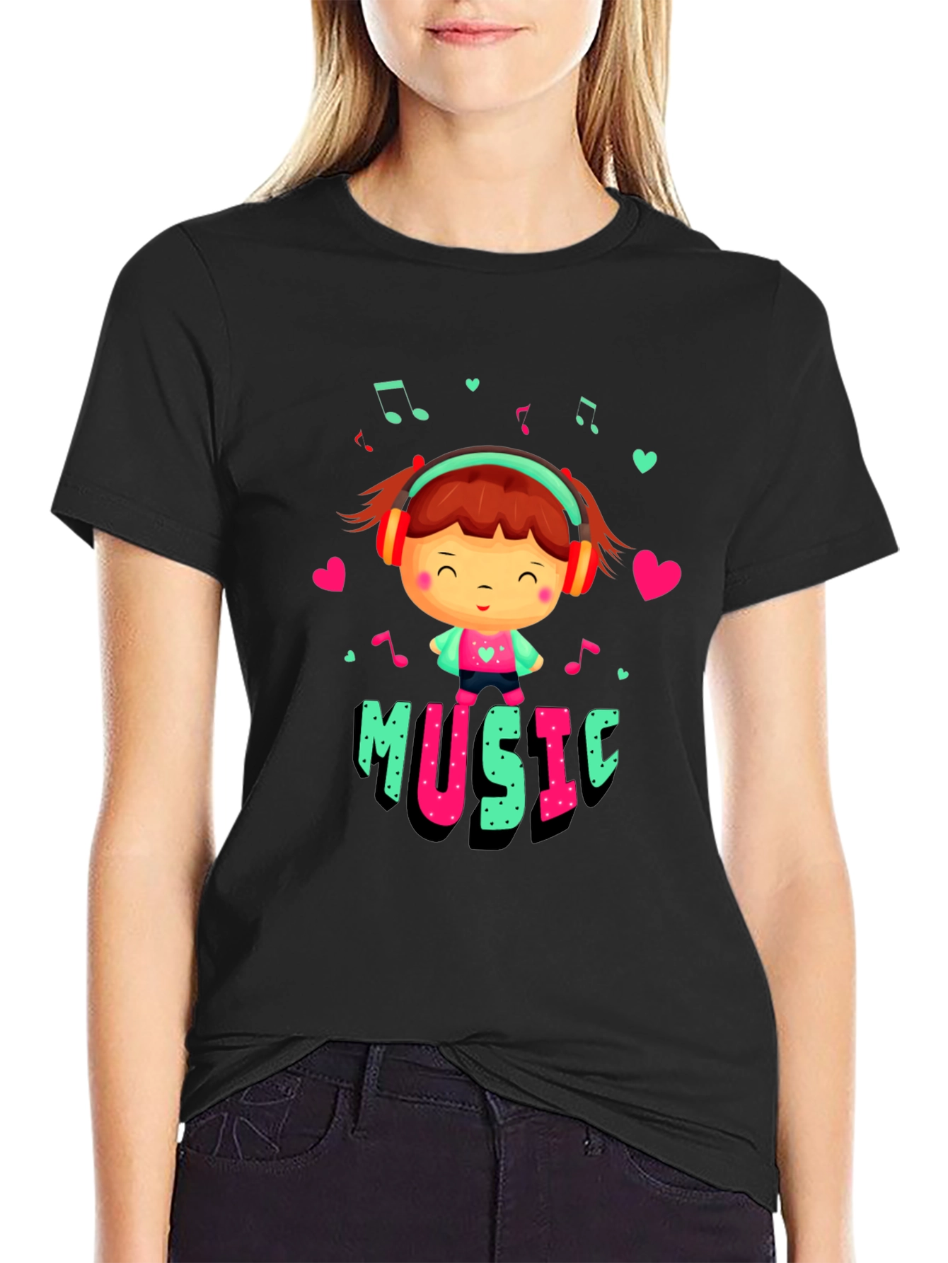 Black Cute Music Lover Graphic T-Shirt view 2