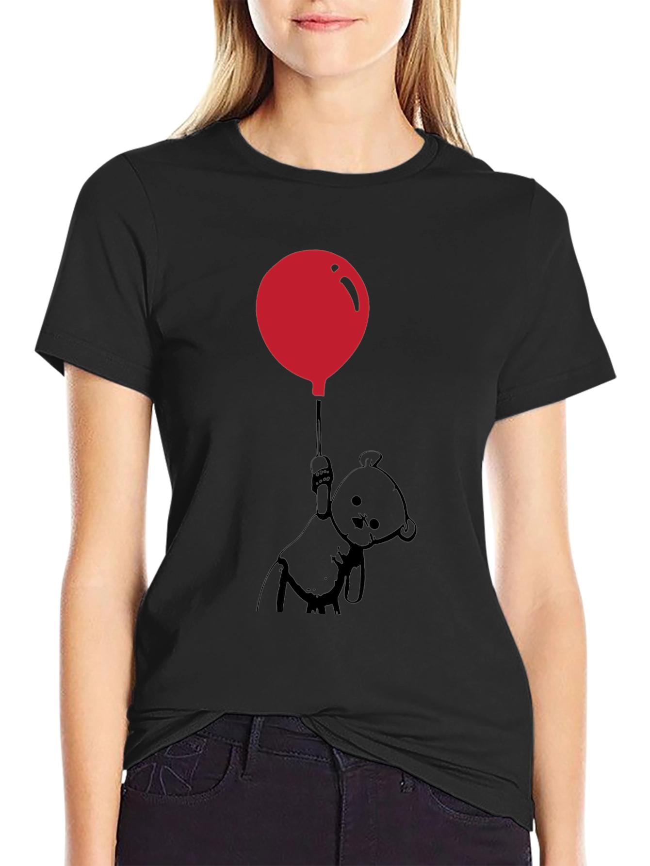 Black Whimsical Teddy Bear Balloon Graphic Tee - Black view 2