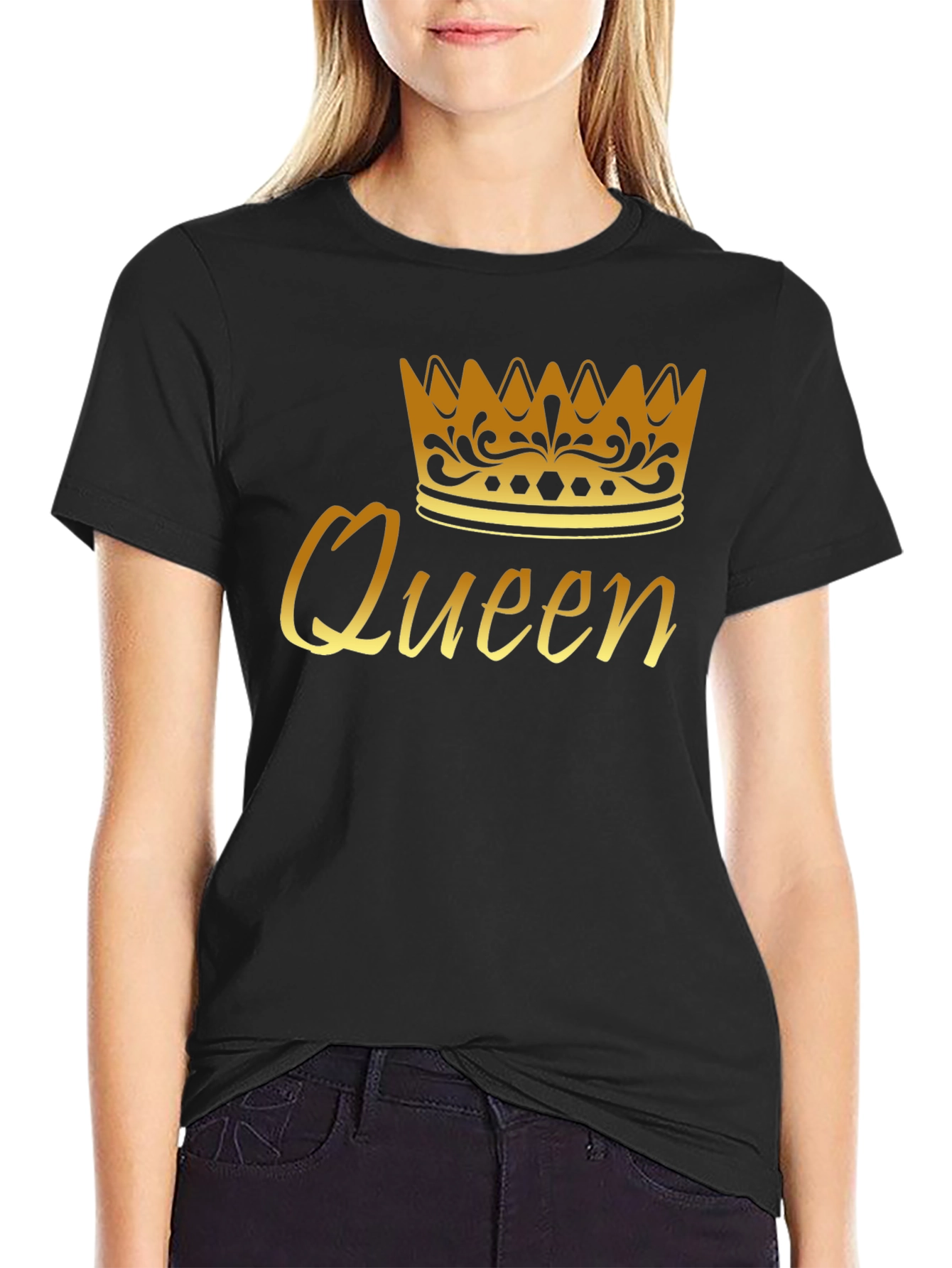 Queen Crown Graphic Tee - Gold Print Black T-Shirt - 2