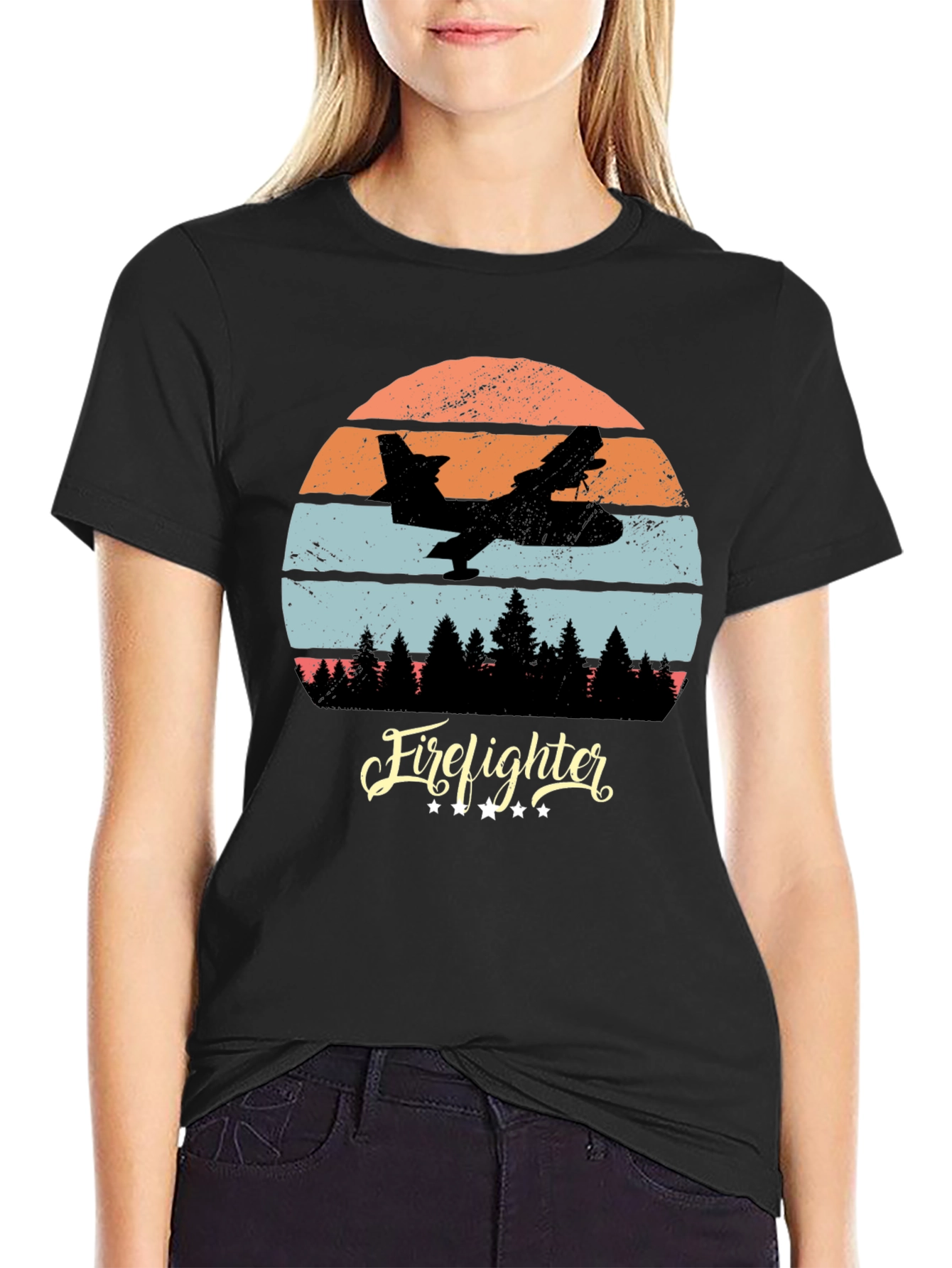 Black Firefighter Plane Retro T-Shirt view 2