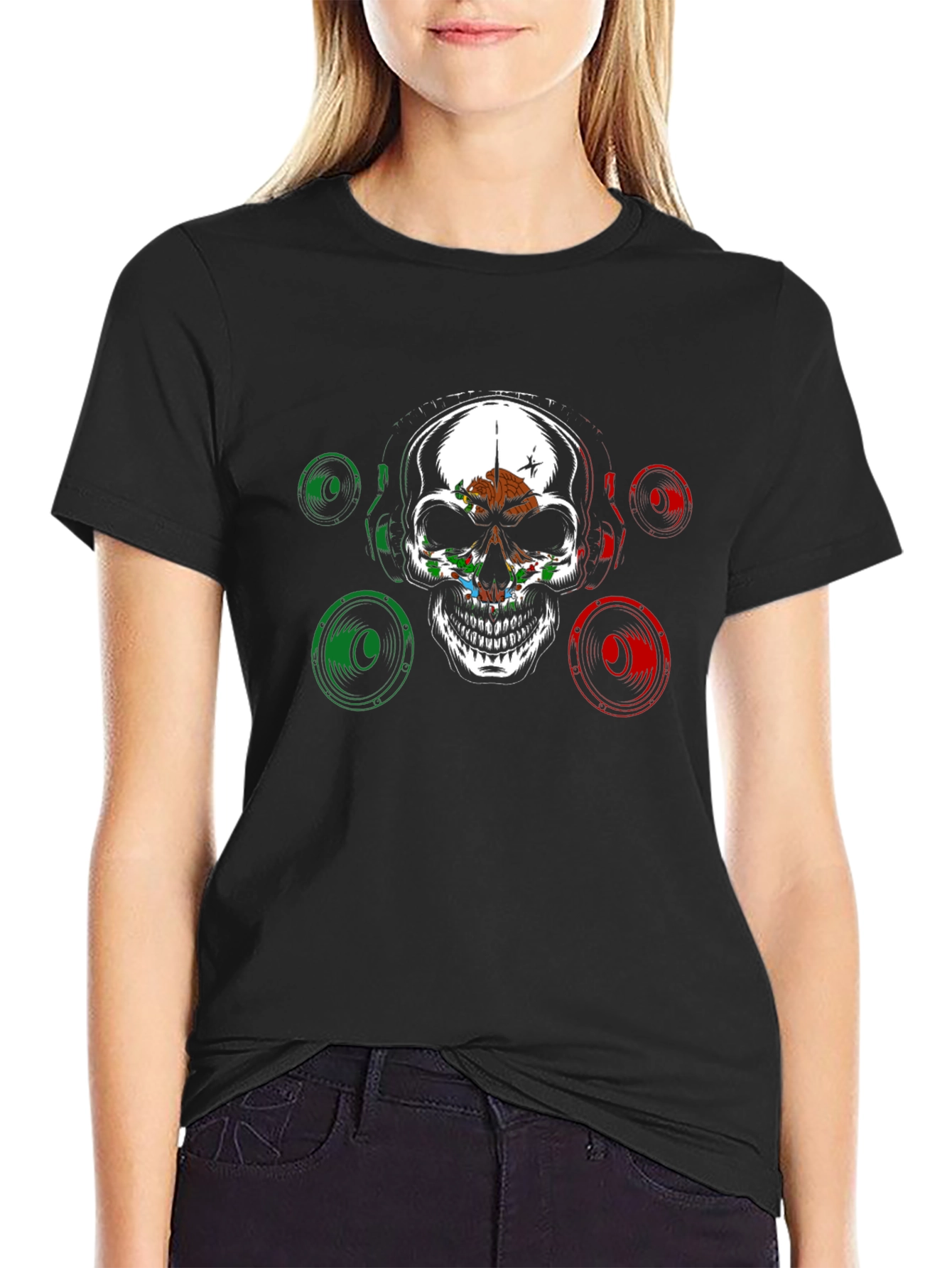 Black Skull & Speaker Graphic Tee - Mexican Flag Design view 2