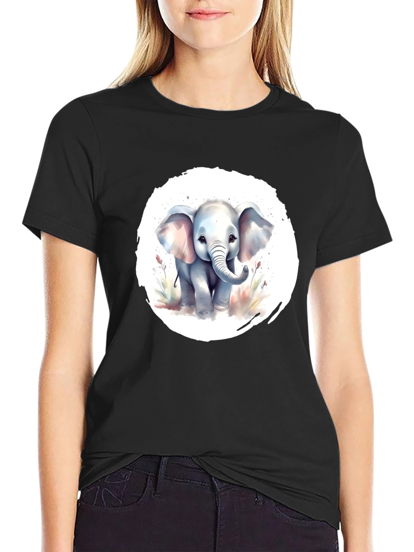 Black Cute Baby Elephant Graphic T-Shirt view 2