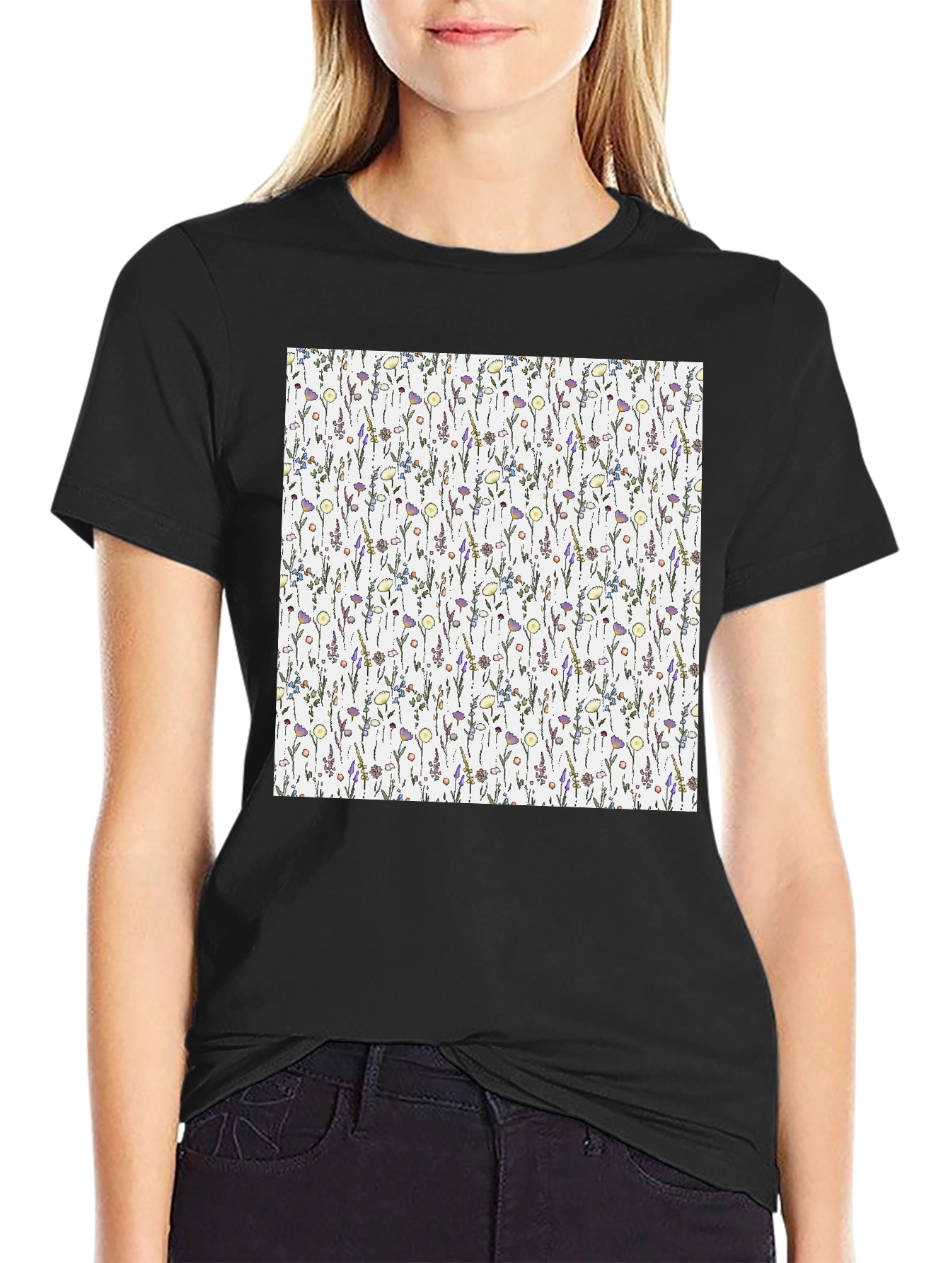 Black Floral Pattern T-Shirt - Black Casual Tee view 2