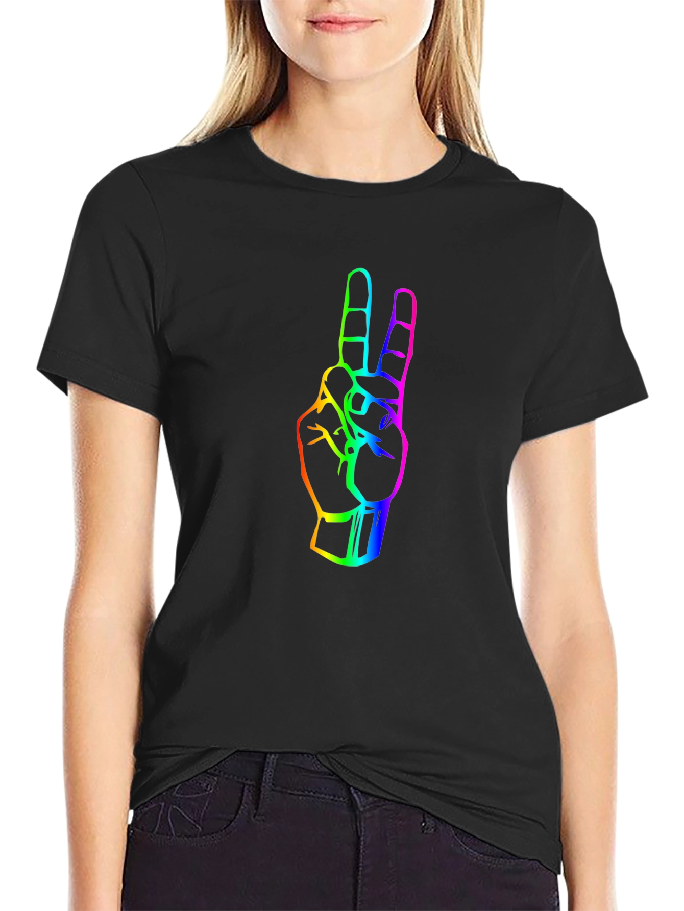 Black Rainbow Peace Sign Graphic Tee - Black Cotton T-Shirt view 2