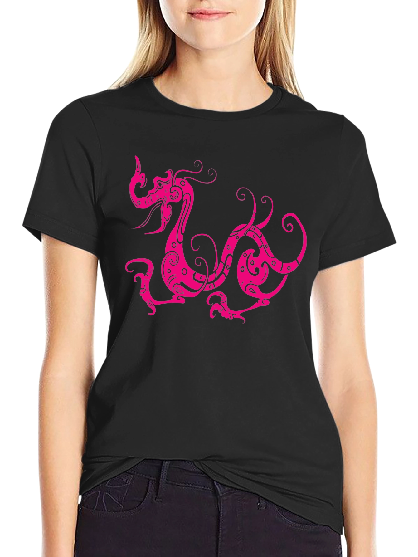 Black Black T-Shirt with Pink Dragon Design view 2