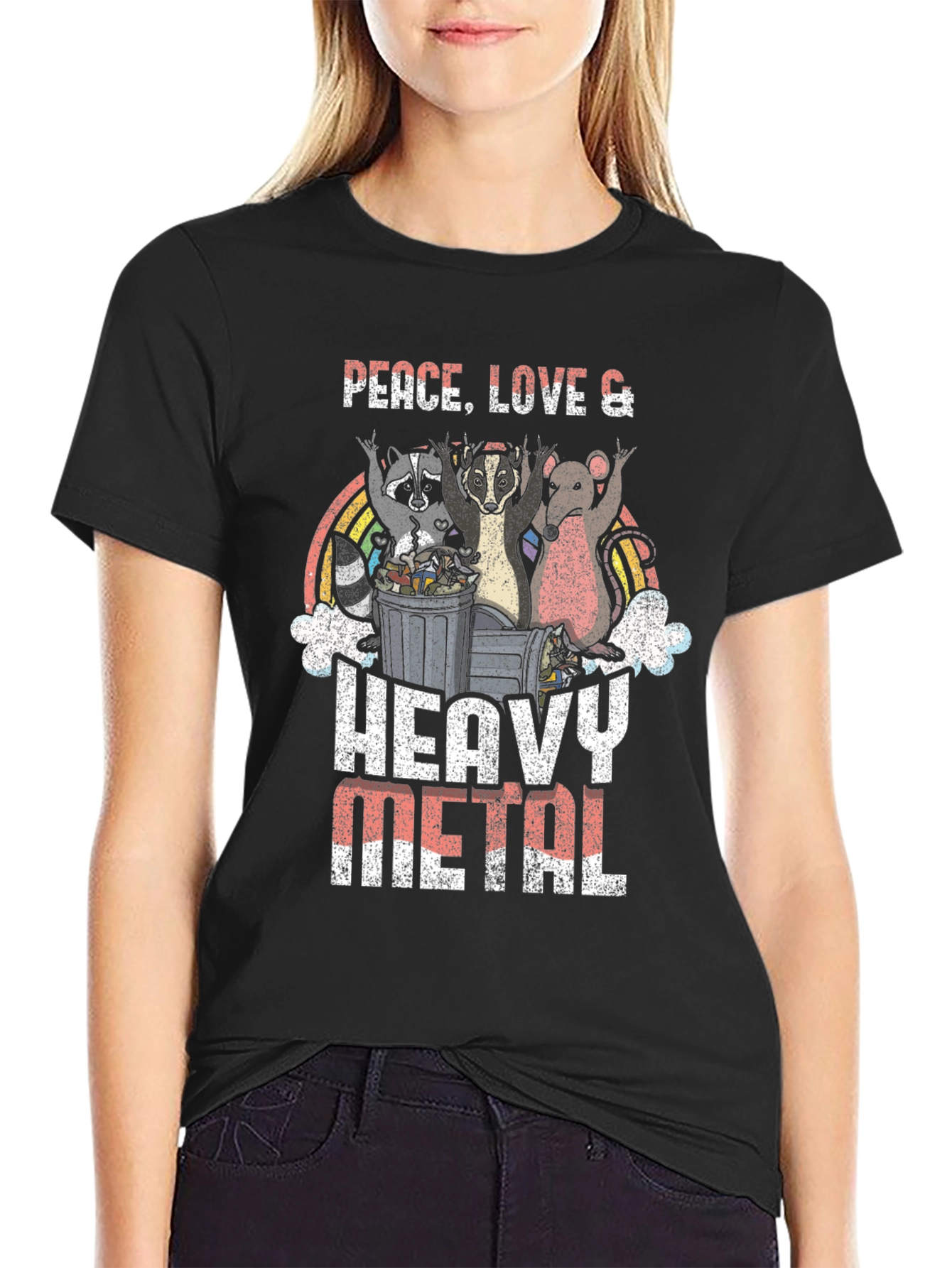Black Peace, Love, Heavy Metal Graphic T-Shirt view 2