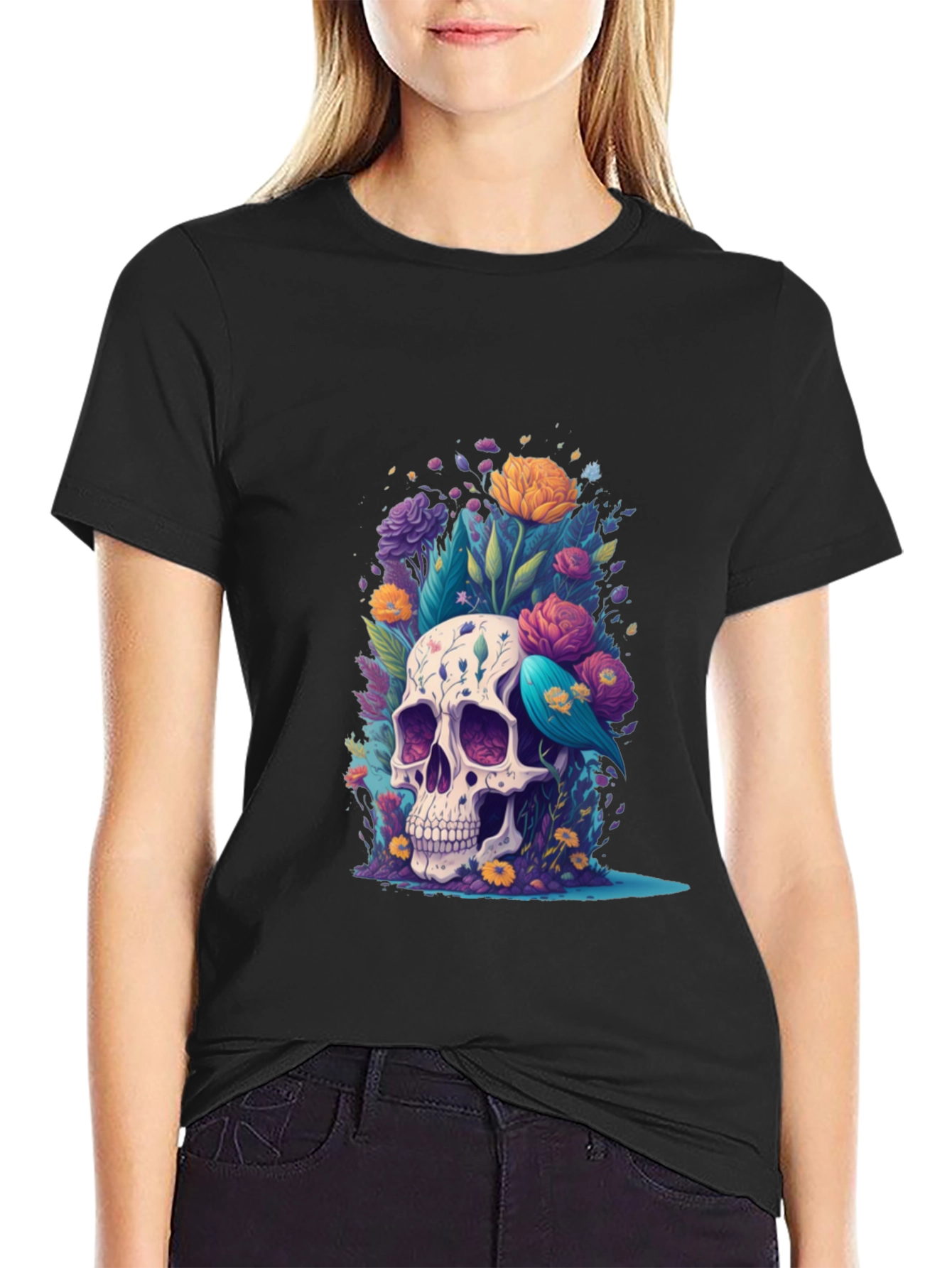 Black Floral Skull Graphic Tee - Stylish Comfort view 2