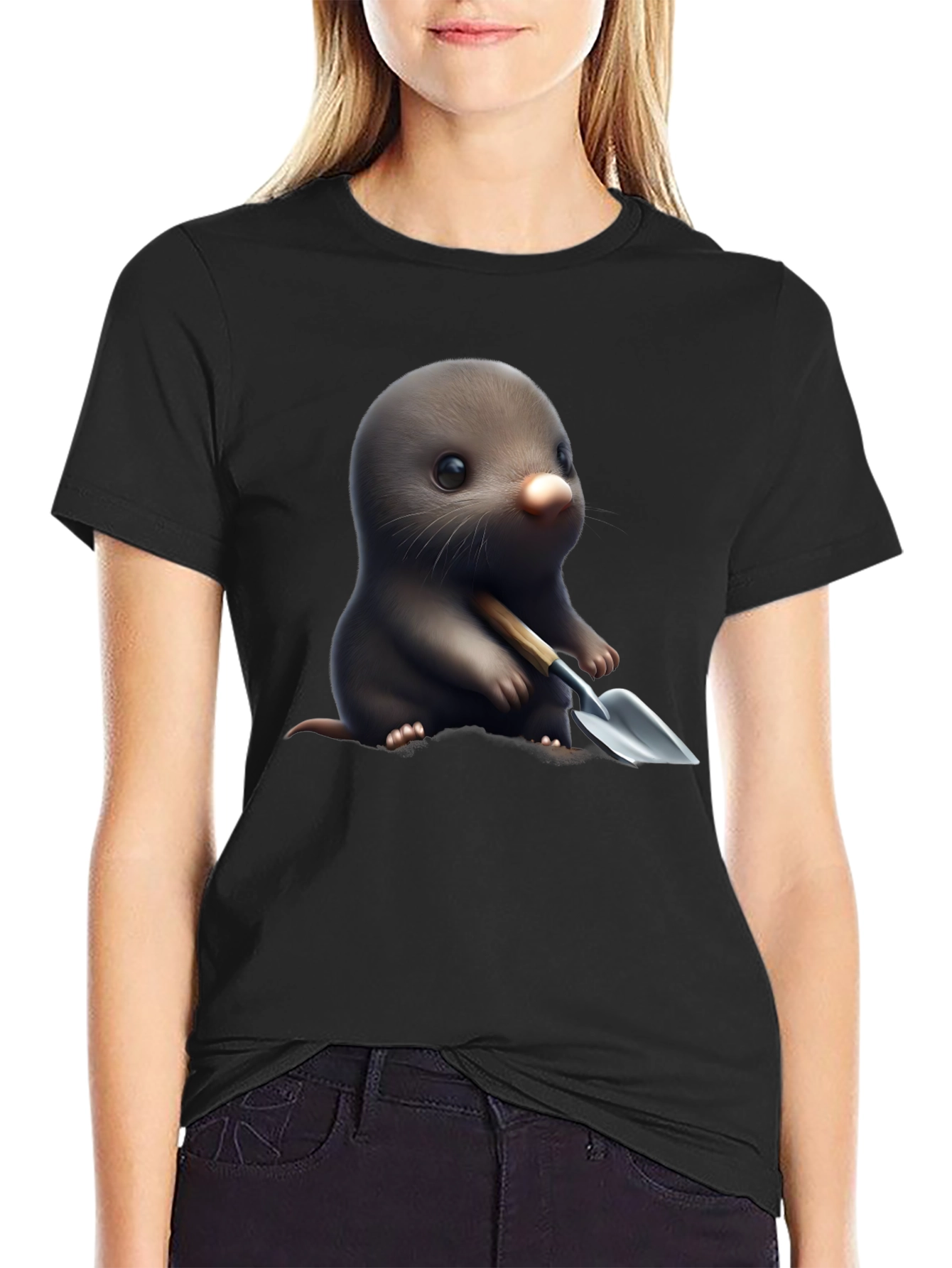 Black Cute Mole with Shovel Graphic T-Shirt view 2