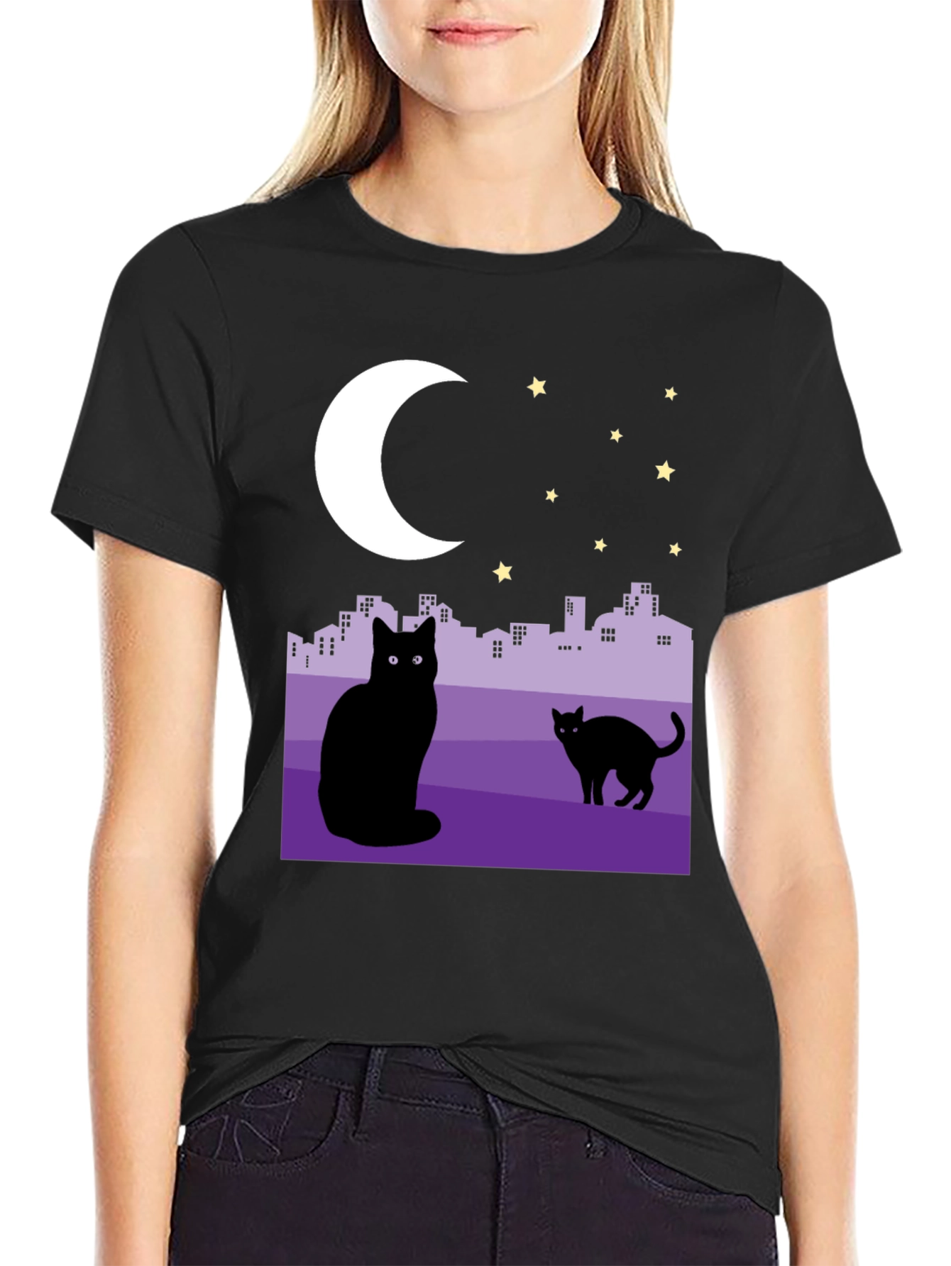Black Cats Under the Moon Graphic T-Shirt view 2
