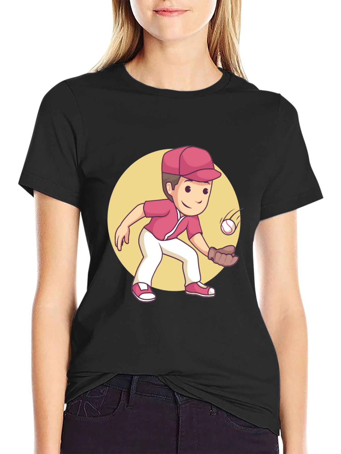 Black Cartoon Baseball Player Graphic Tee view 2