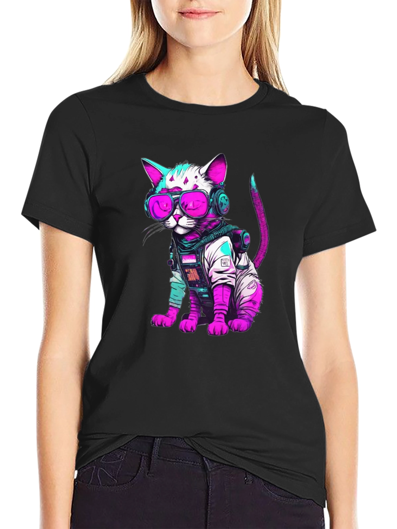 Black Cyberpunk Cat T-Shirt - Futuristic Feline Fashion view 2