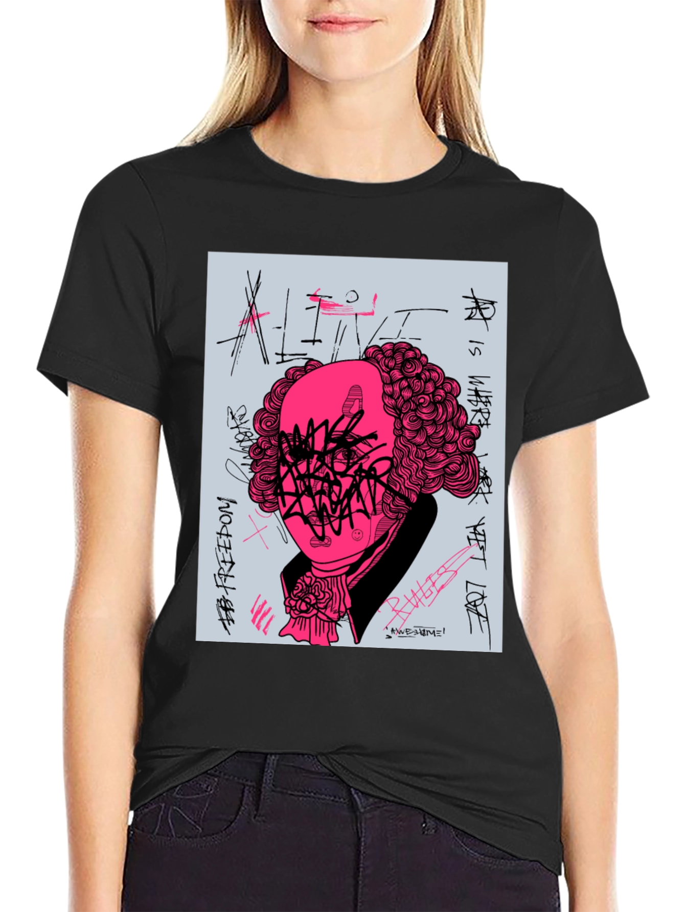 Black Graphic Print T-Shirt - Street Art Design view 2