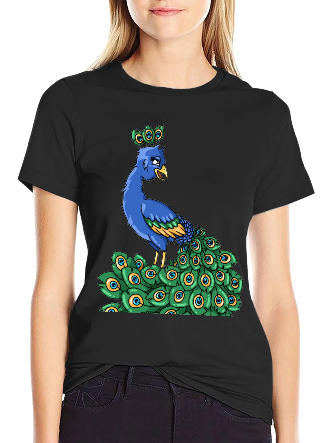 Black Peacock Cartoon Graphic Tee view 2