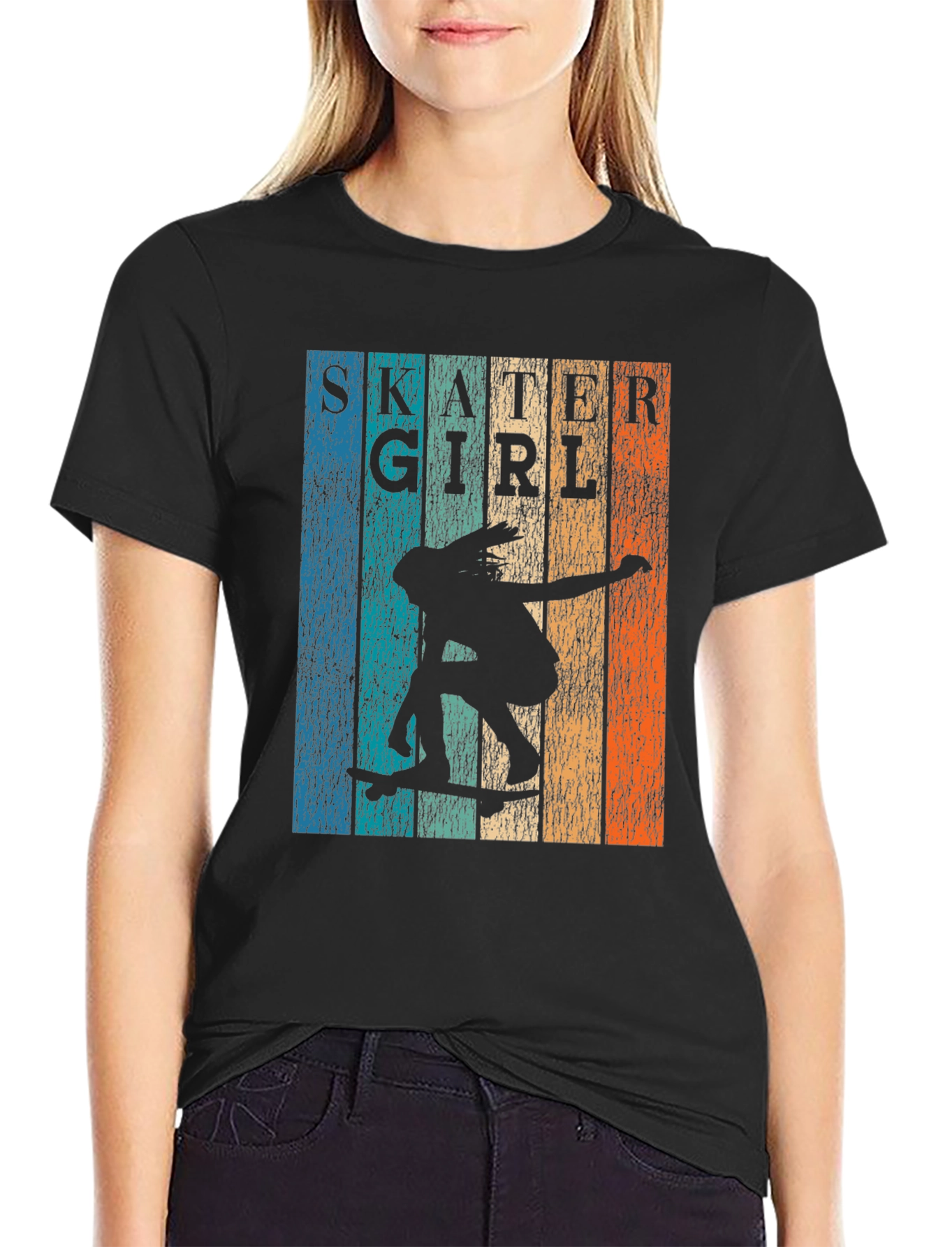 Black Skater Girl Retro Graphic T-Shirt view 2