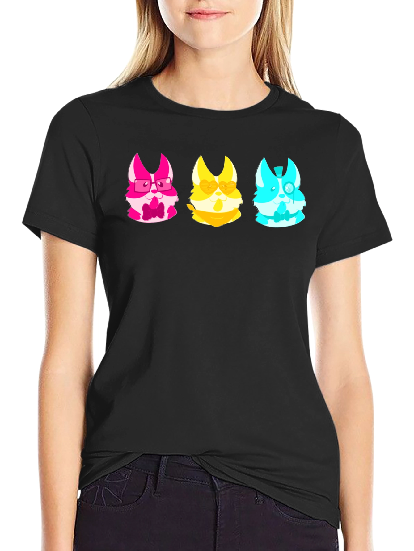 Black Trendy Tee with Kawaii Animal Character Trio view 2