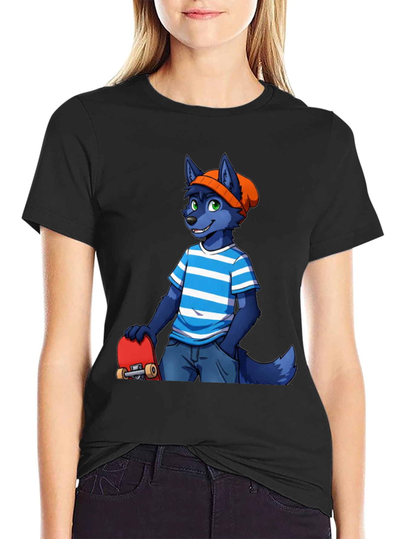Black Furry Skater T-Shirt - Cool Blue Wolf Design view 2