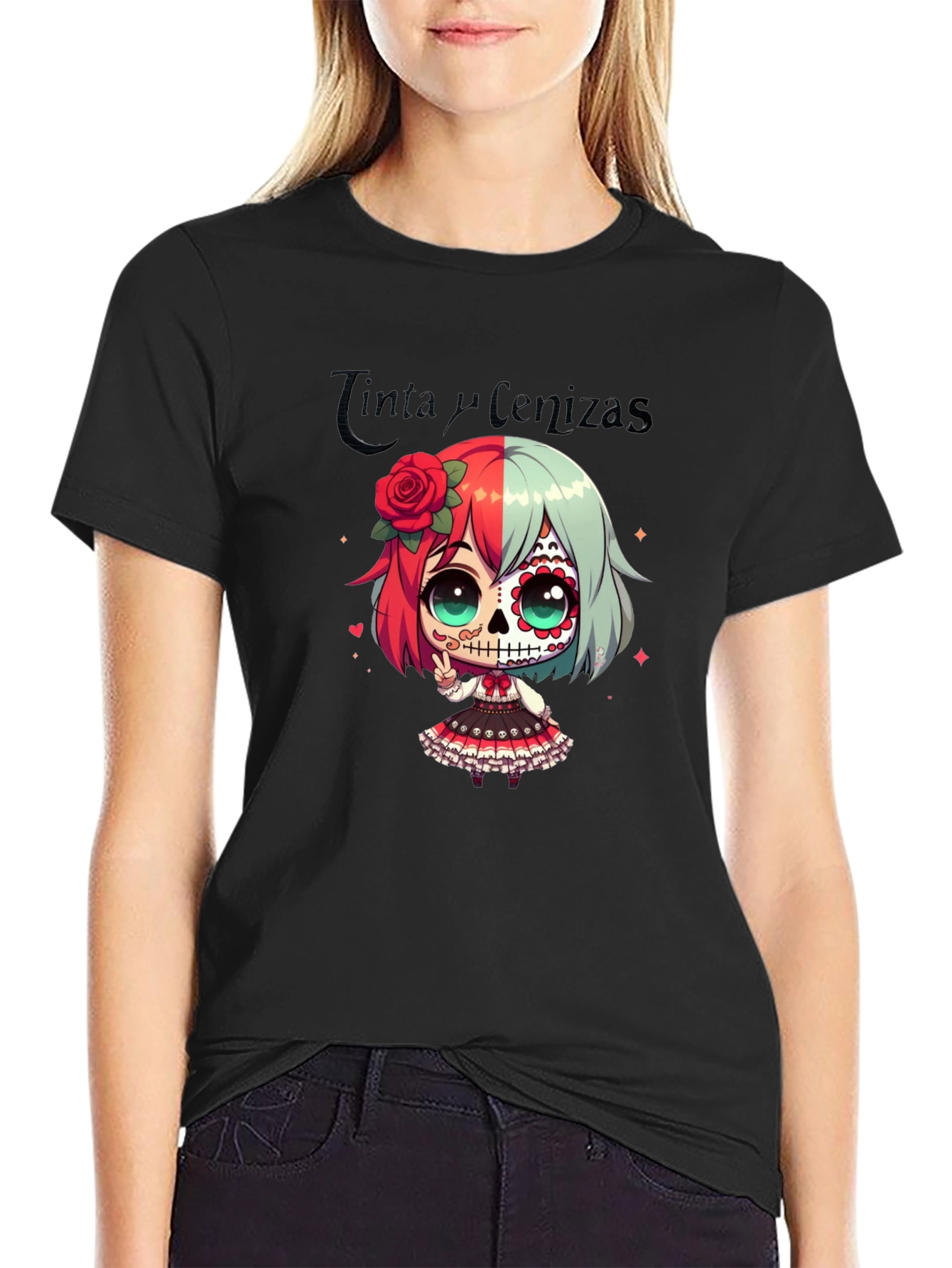 Black Sugar Skull Girl Anime T-Shirt view 2