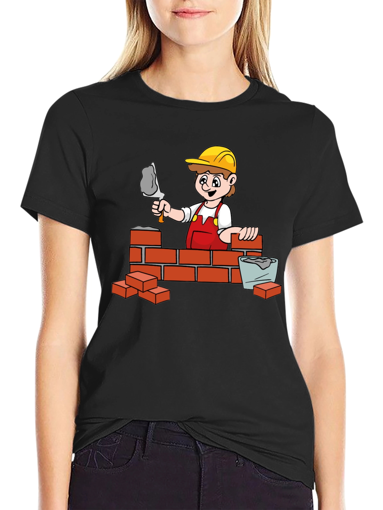 Black Construction Cartoon Graphic T-Shirt view 2