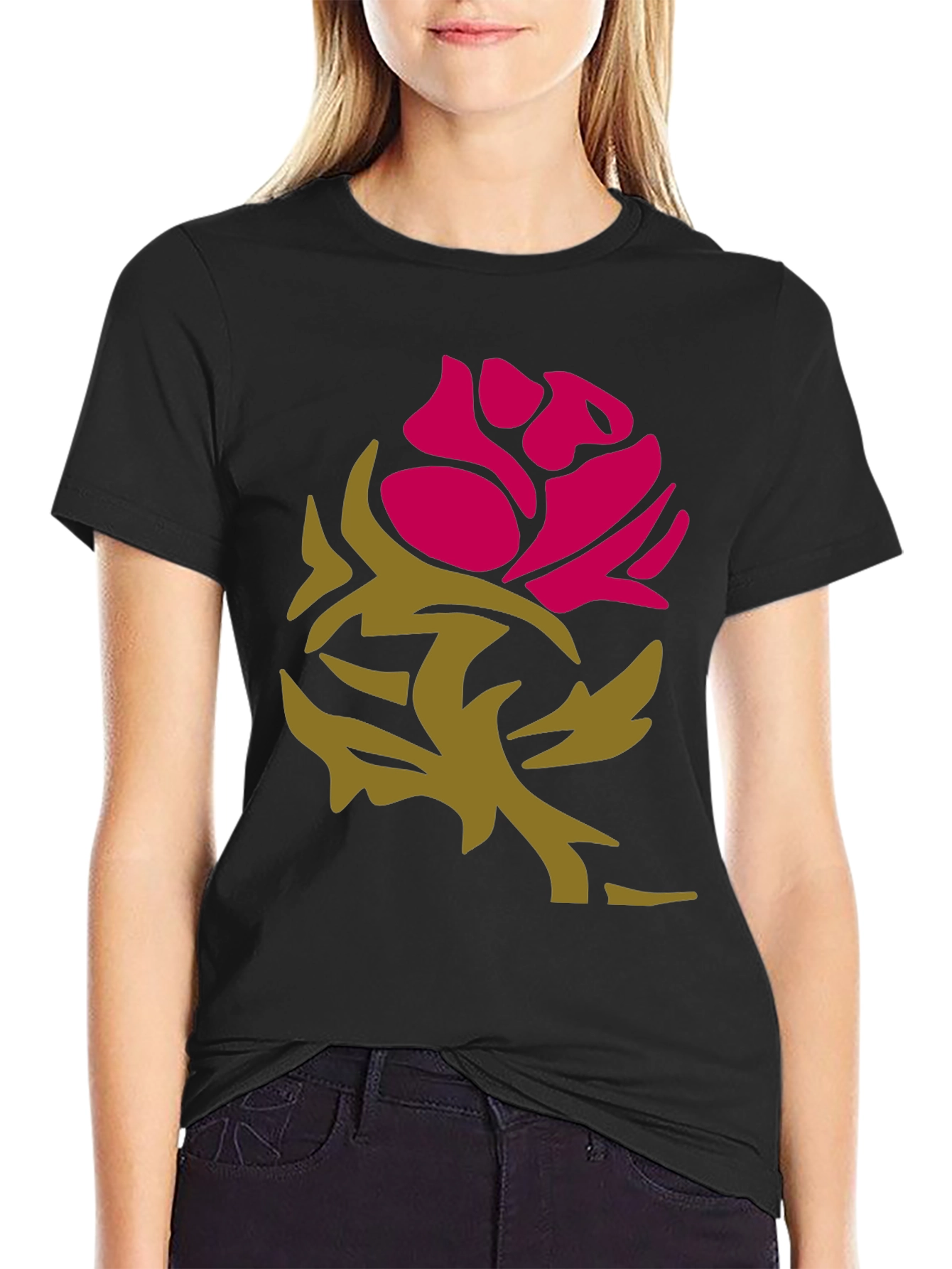 Black Stylish Rose Graphic Black T-Shirt view 2