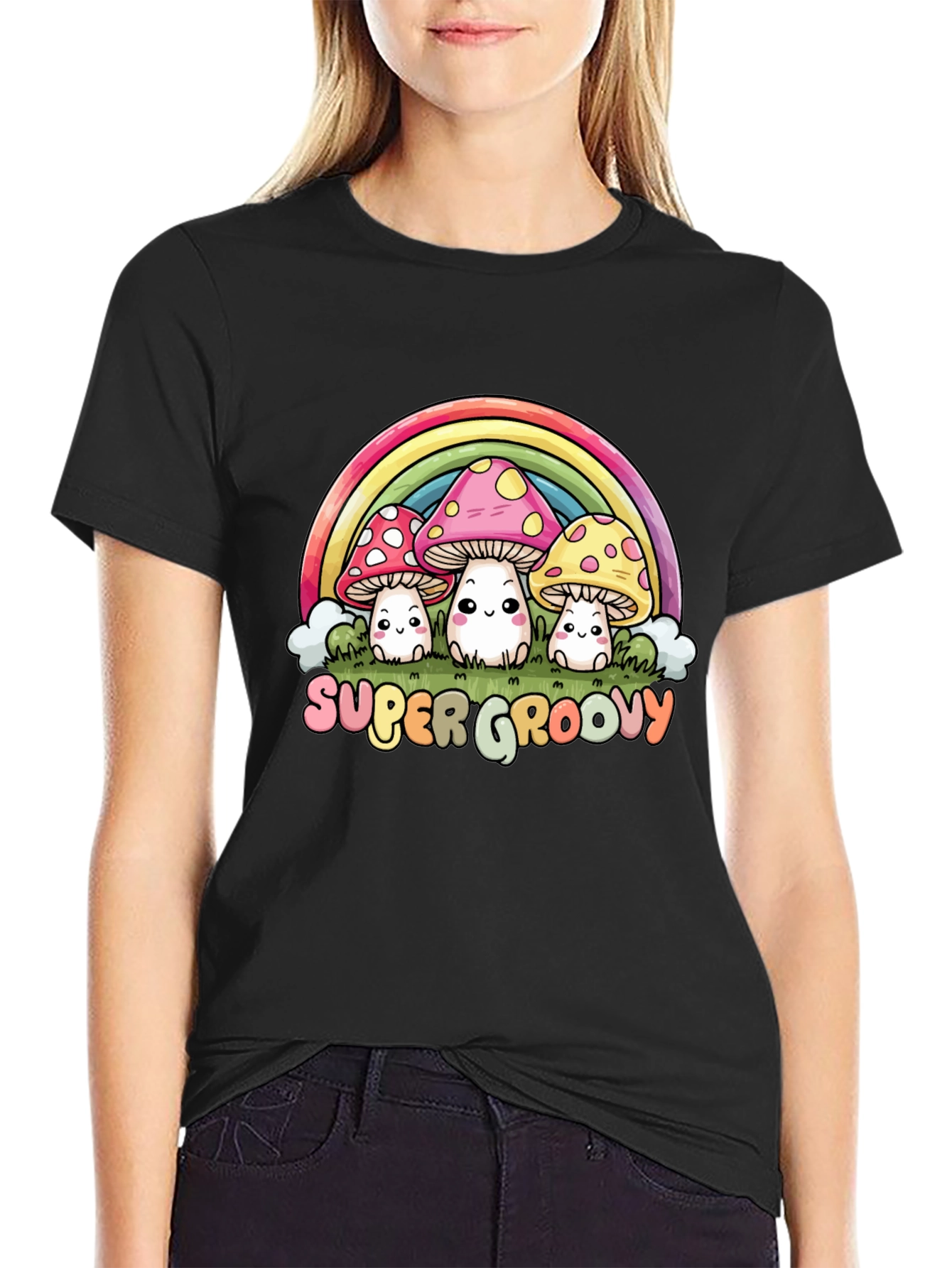 Black Super Groovy Mushroom Rainbow Graphic Tee view 2