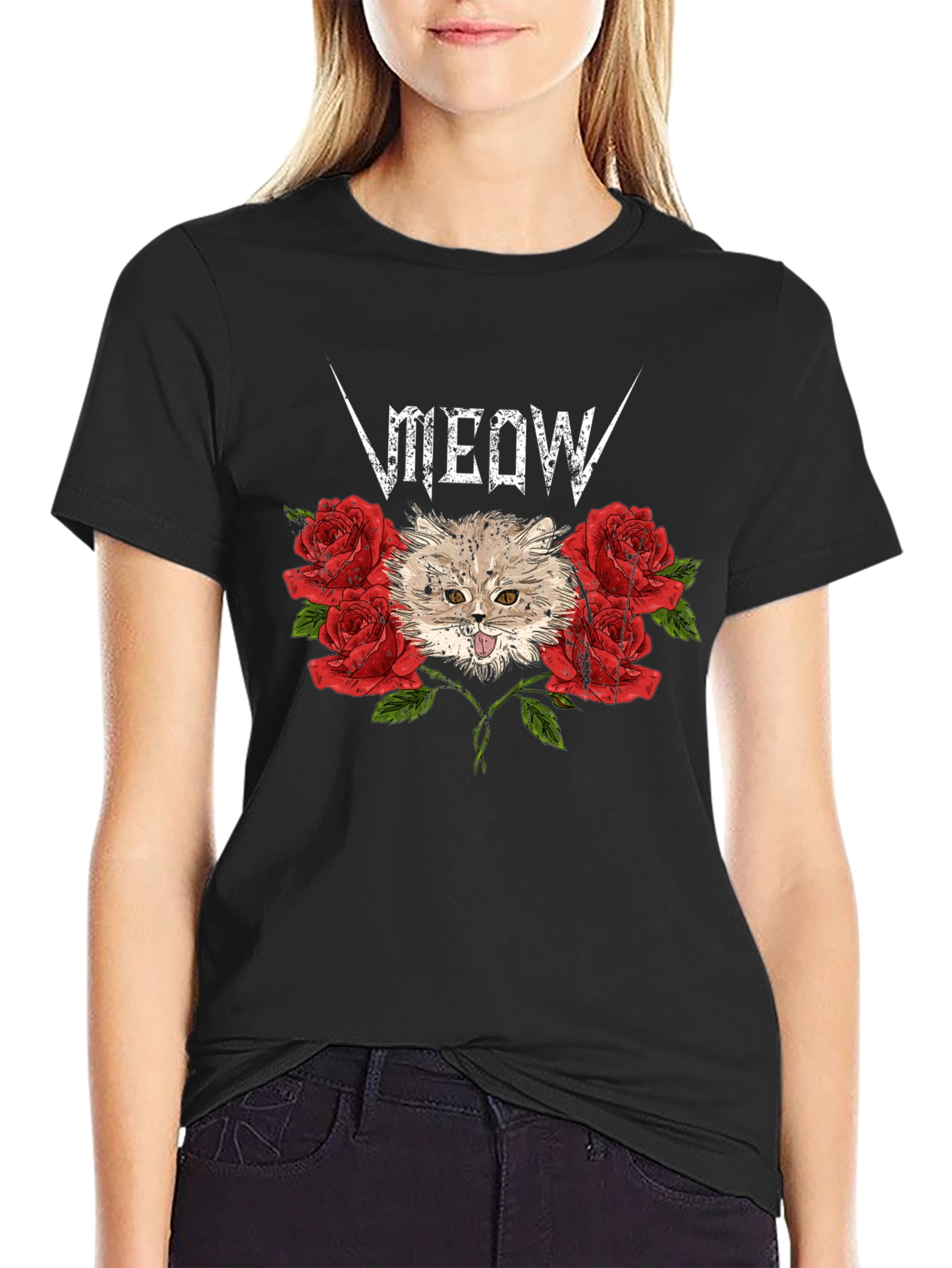 Black Meow Heavy Metal Cat & Roses Black T-Shirt view 2