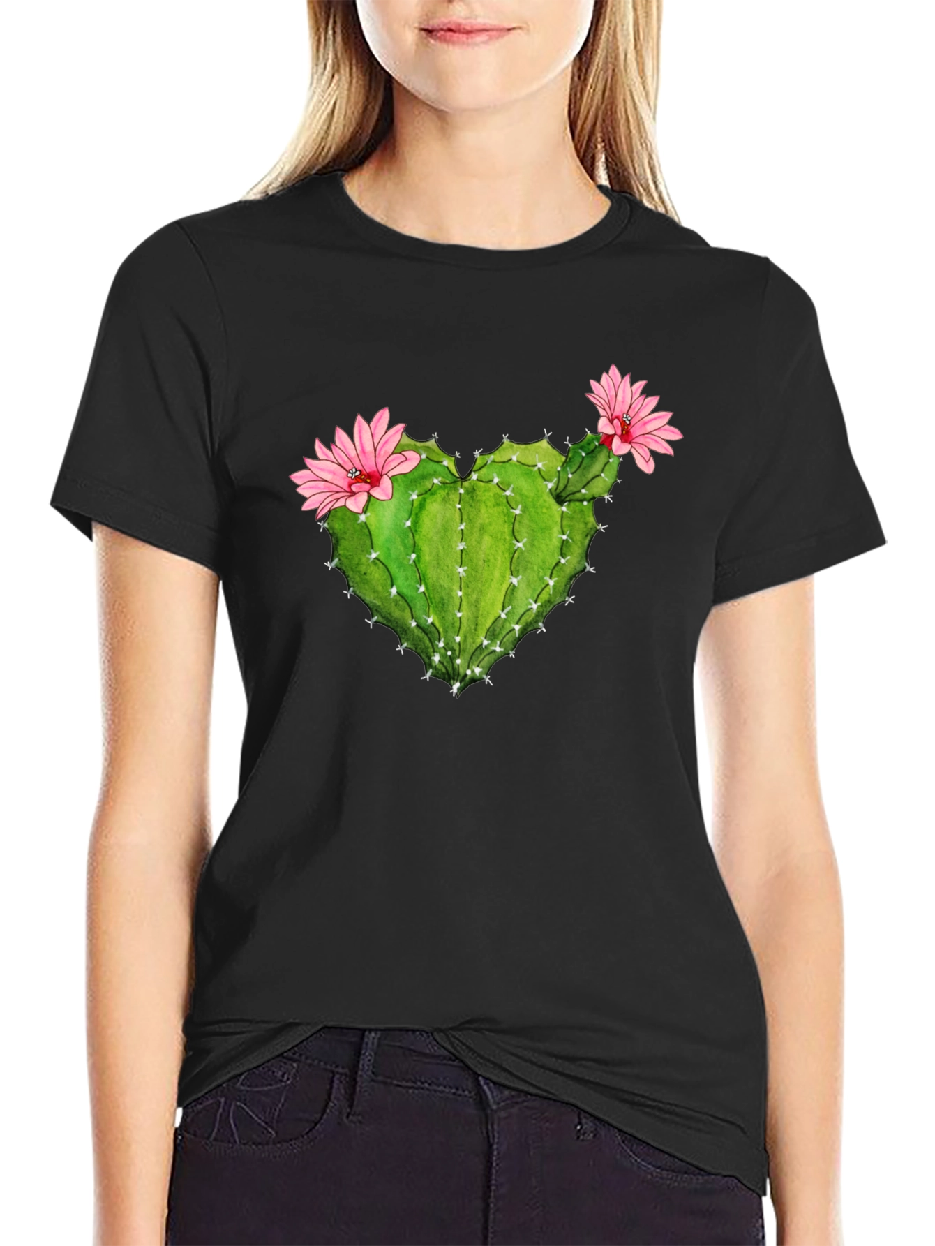 Black Cactus Heart Flower Graphic T-Shirt view 2