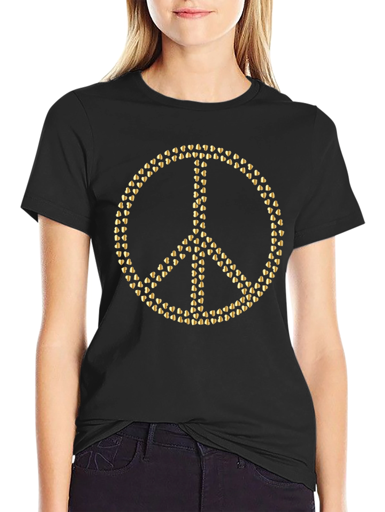 Black Gold Heart Peace Sign Black T-Shirt view 2