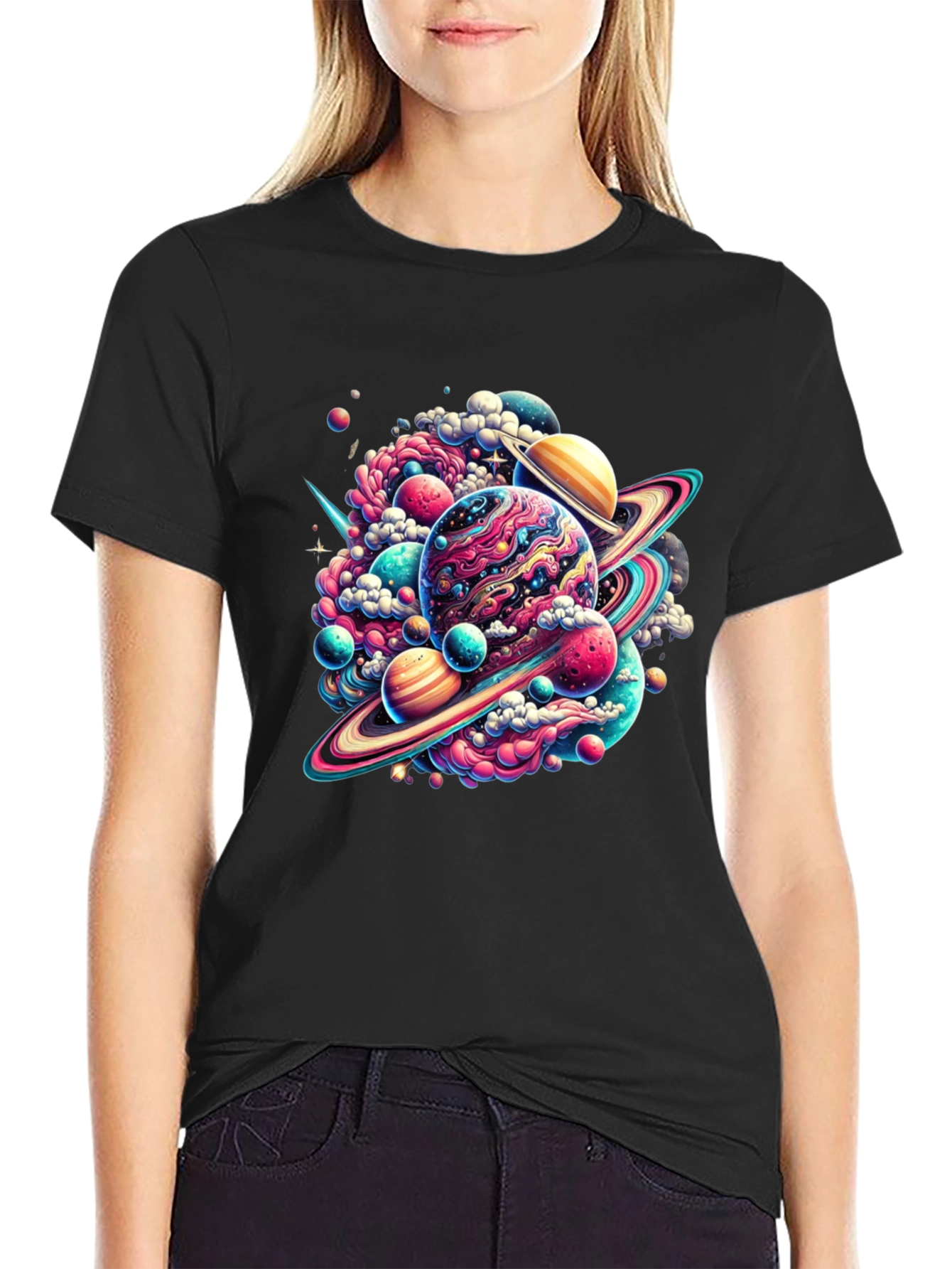 Black Cosmic Planet Graphic Tee - Black Cotton Comfort view 2