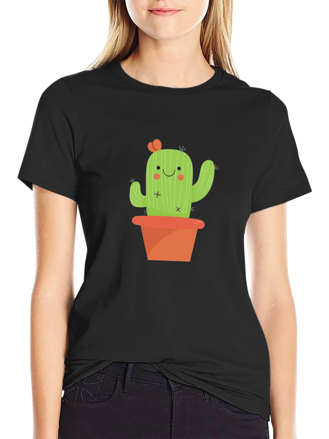 Black Cactus T-Shirt - Cute Potted Plant Design view 2