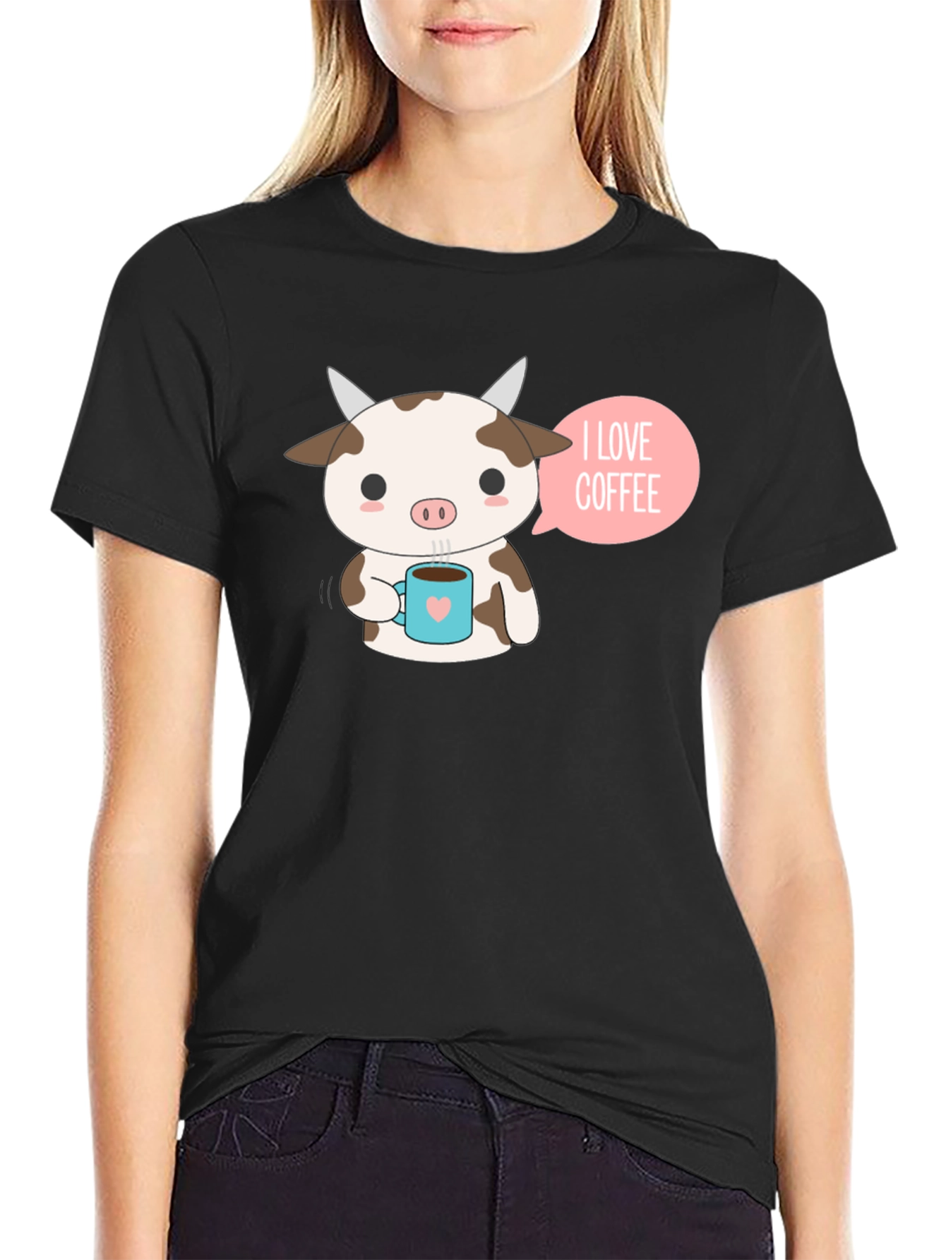 Black Cute Cow Coffee Lover Graphic T-Shirt view 2