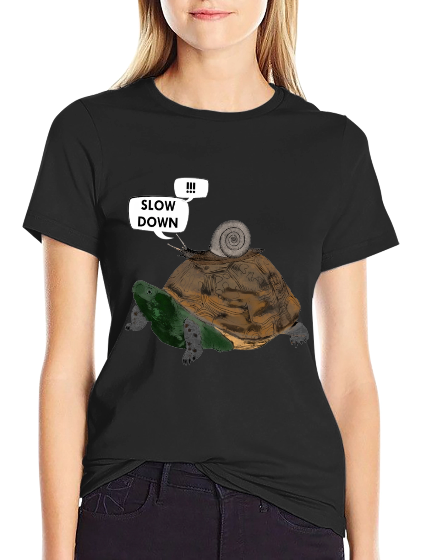Black Slow Down Funny Turtle and Snail Graphic T-Shirt view 2