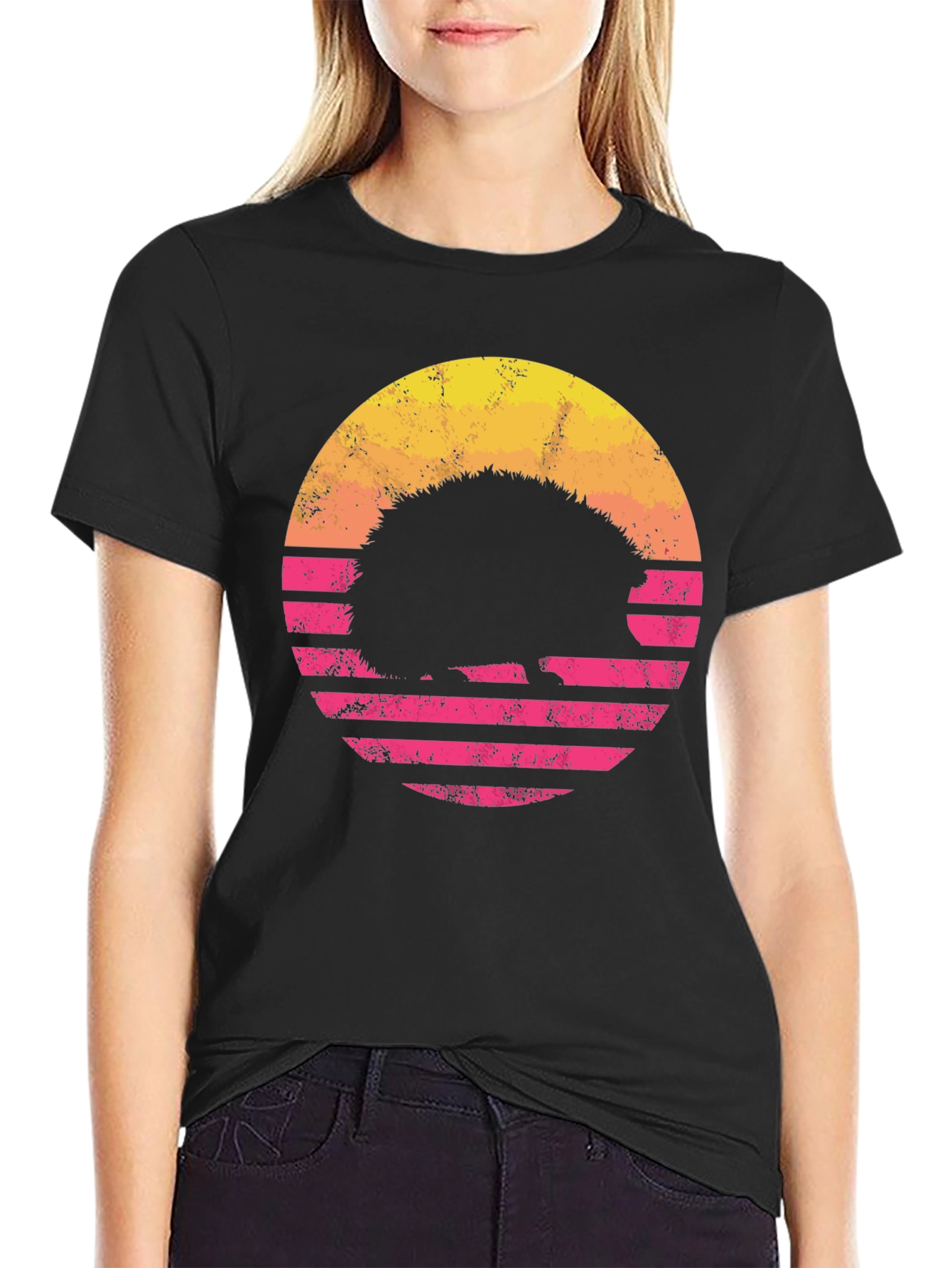 Black Retro Hedgehog Sunset T-Shirt view 2