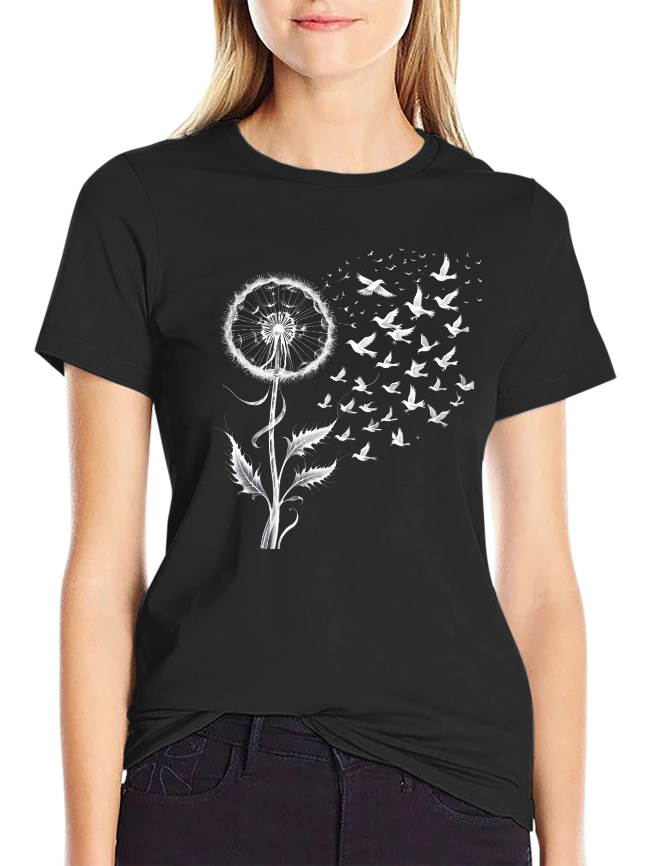 Black Dandelion Bird T-Shirt - Fly Away Tee view 2