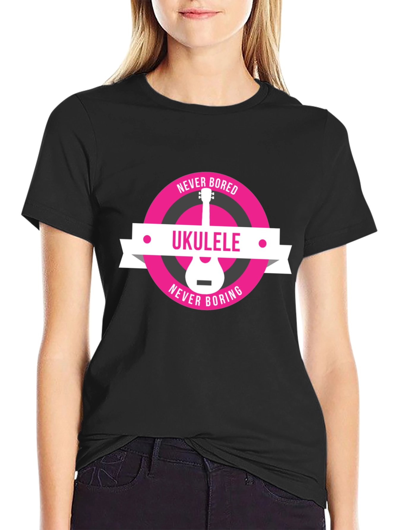 Black Ukulele Never Bored T-Shirt - Music Lover Tee view 2